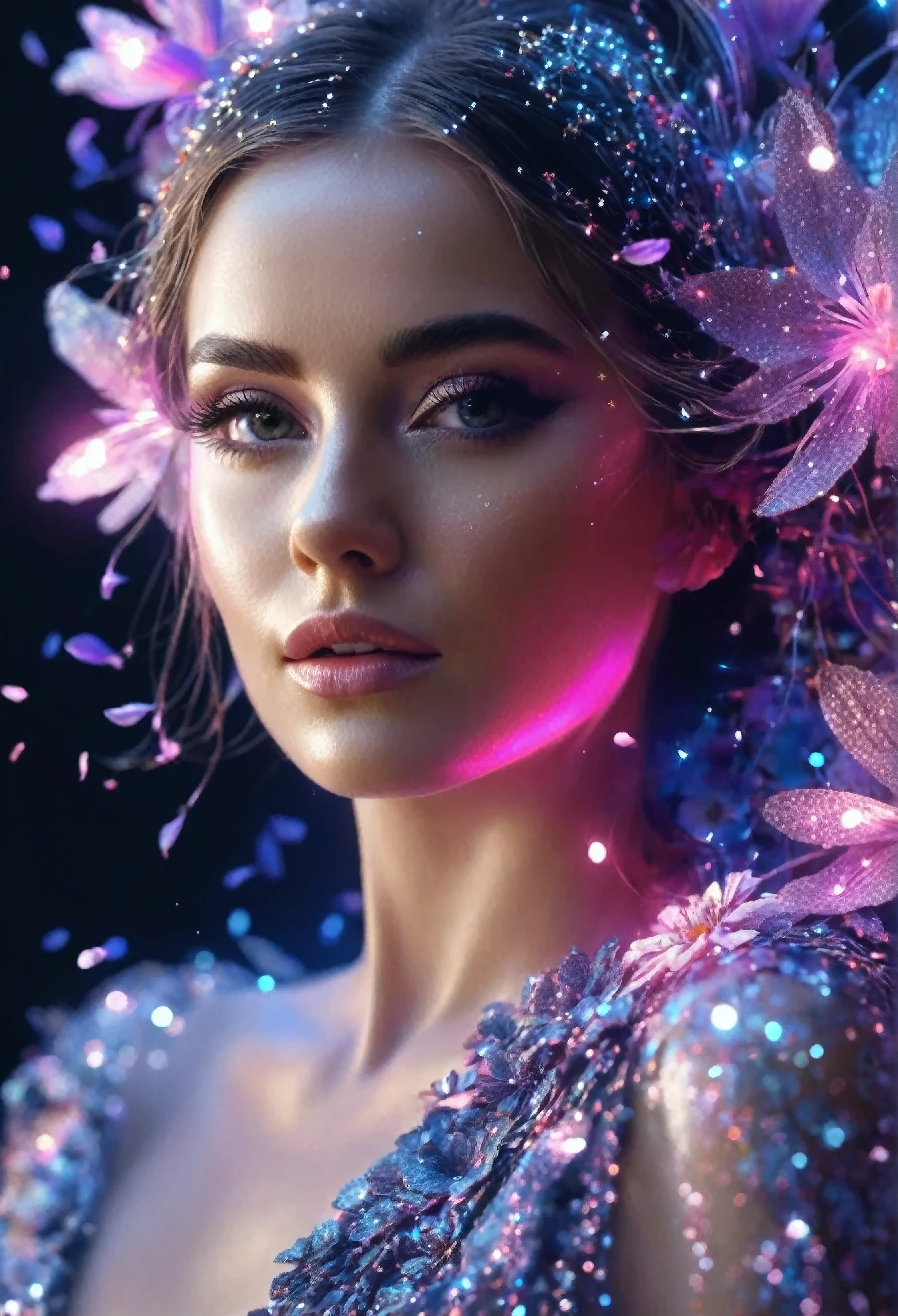 The beautiful detailed portrait with a sparkling woman created from the flowers.fleurs rougeoyantes ..La belle femme .cheveux magiques .ultra HD, hyper très bonne qualité ,effet magique , photorealistic.   artistique, photographique, texture fine, photorealistic ,ultra realistic, high quality, Very detailed. art sombre. Unreal effect.  cinema lights. composition parfaite., magic light, fantaisie , cinema lights ,effet magique. Abstrait