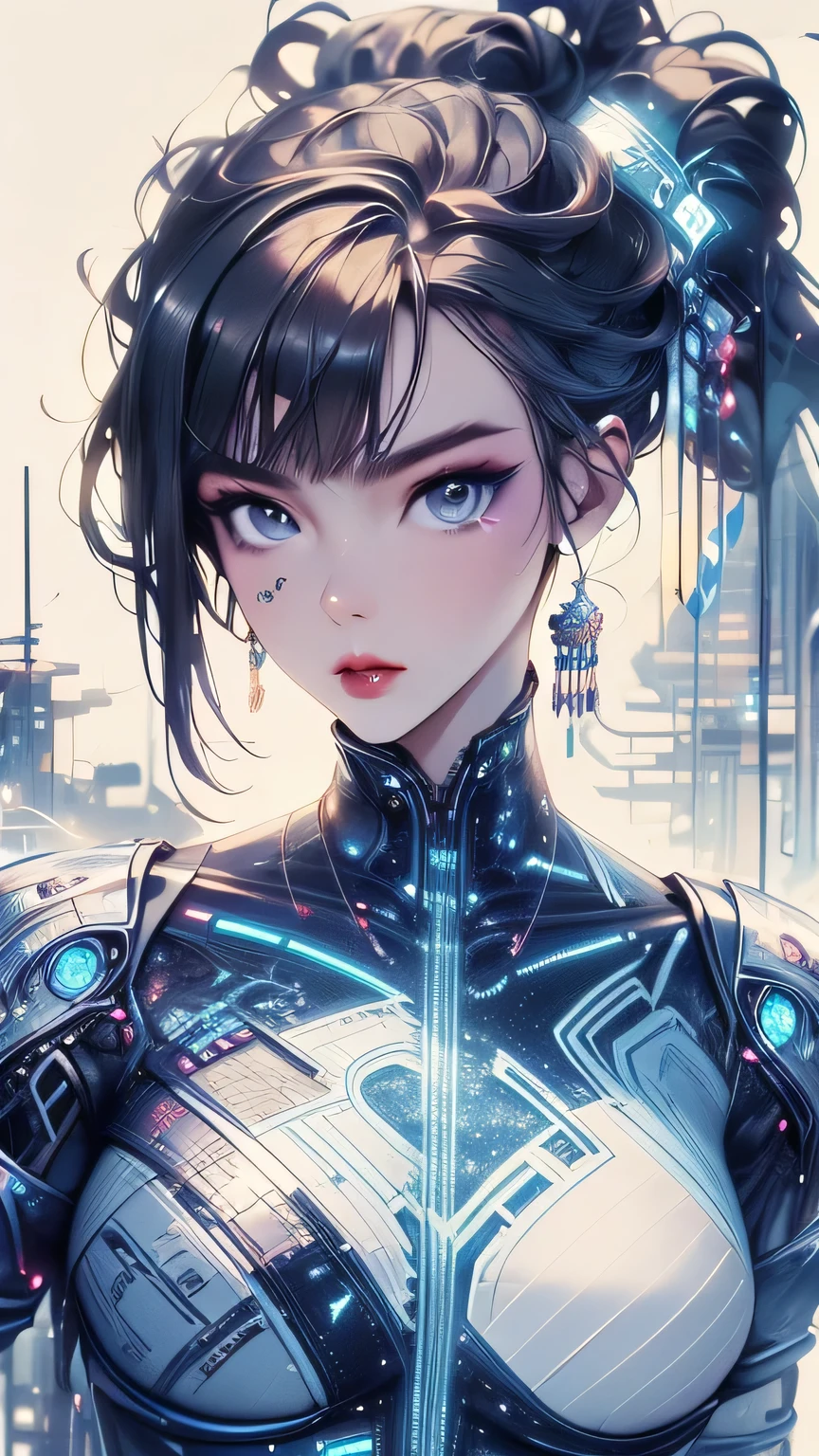 (best quality,4k,highres,masterpiece:1.2),ultra-detailed,realistic,cyberpunk,sexy ai woman,beautiful detailed eyes,beautiful detailed lips,longeyelashes,curves,provocative pose,katana,holographic background,vibrant colors,shiny metallic outfit,glowing neon lights,technological environment,cybernetic enhancements,high-tech weaponry,sci-fi atmosphere