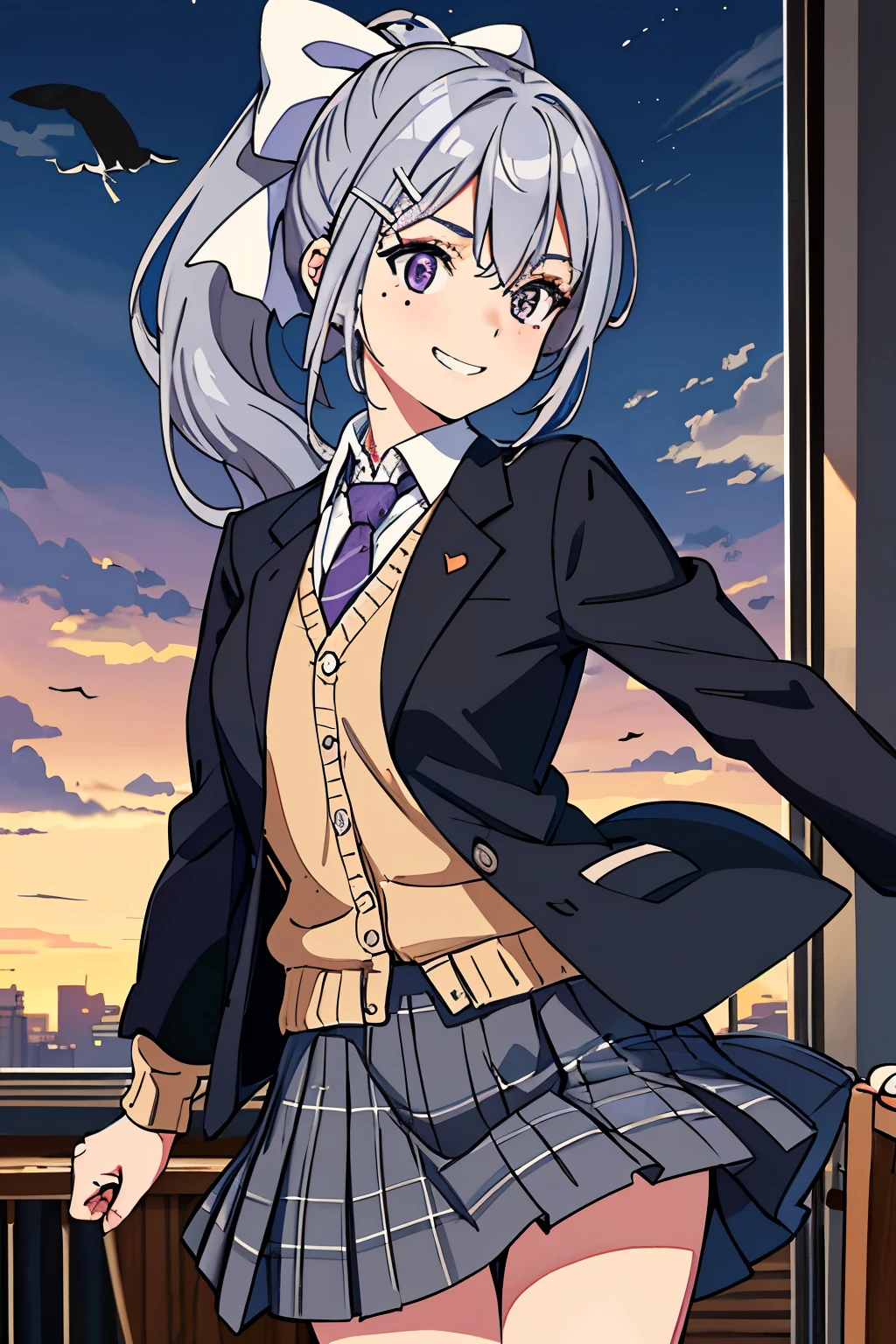 best quality, masterpiece, grin, higuchi kaede, 1girl, solo, long hair, mole under eye, purple eyes, ponytail, white bow, hair bow, blazer, purple necktie, hairclip, open clothes, cardigan, , grey hair, black jacket, collared shirt, plaid skirt, long sleeves, grey skirt, (wind blow up the skirt:1.2), in classroom at evening