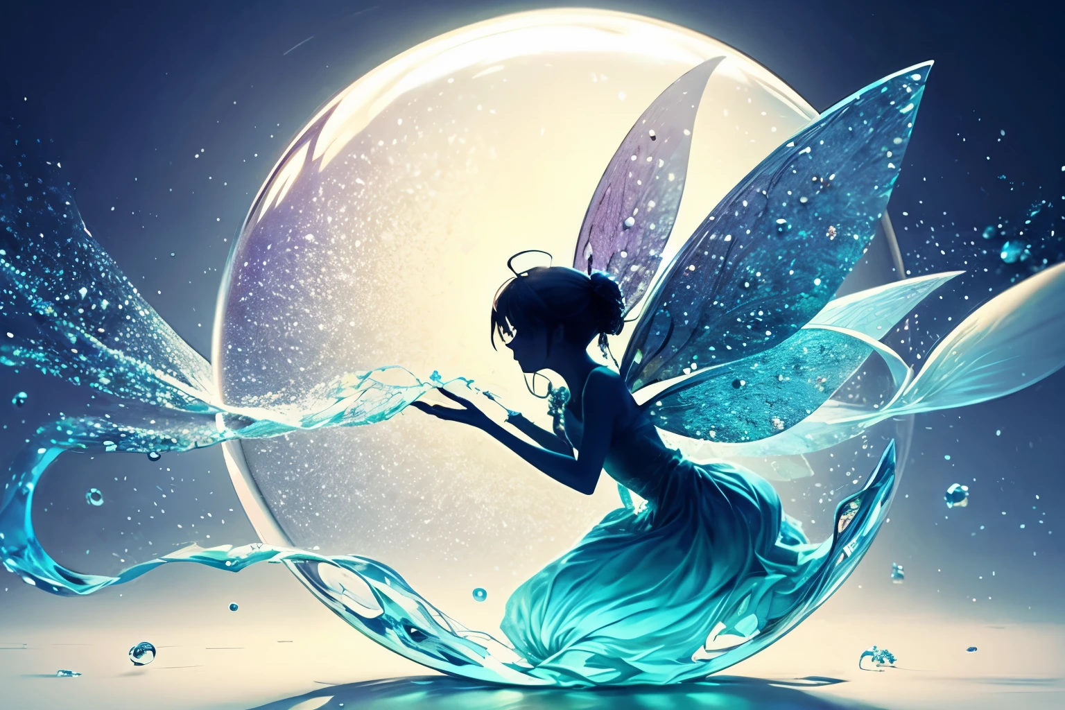 ((Silhouette art)), aquamarine jewel-like water, fantastic atmosphere, rainbow bubble effect, ((fairy shadow silhouette: 1.3)), perfect hand: 1.2, masterpiece, 32k,