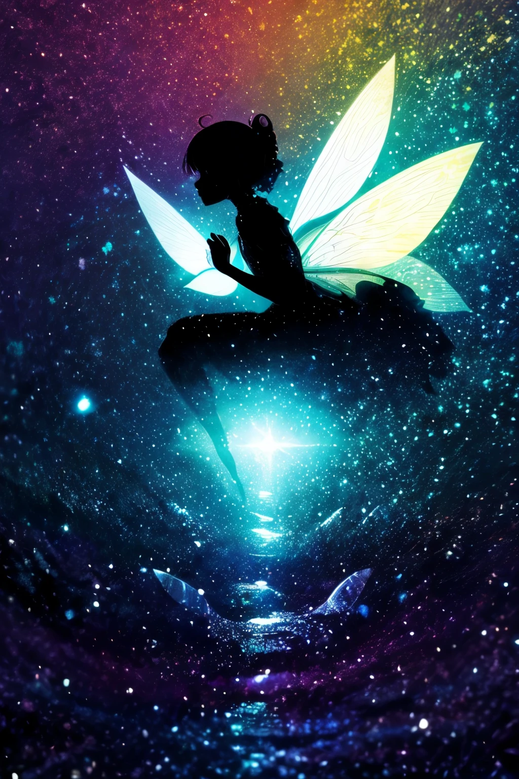((Silhouette art)), aquamarine jewel-like water, fantastic atmosphere, rainbow bubble effect, ((fairy shadow silhouette: 1.3)), perfect hand: 1.2, masterpiece, 32k,