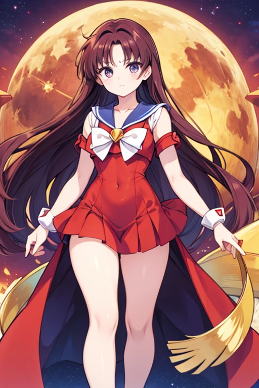 Une femme, 25 ans, cheveux longs, brunette hairs, beaucoup de Détails, dans un volcan, sailor mars cosplay,