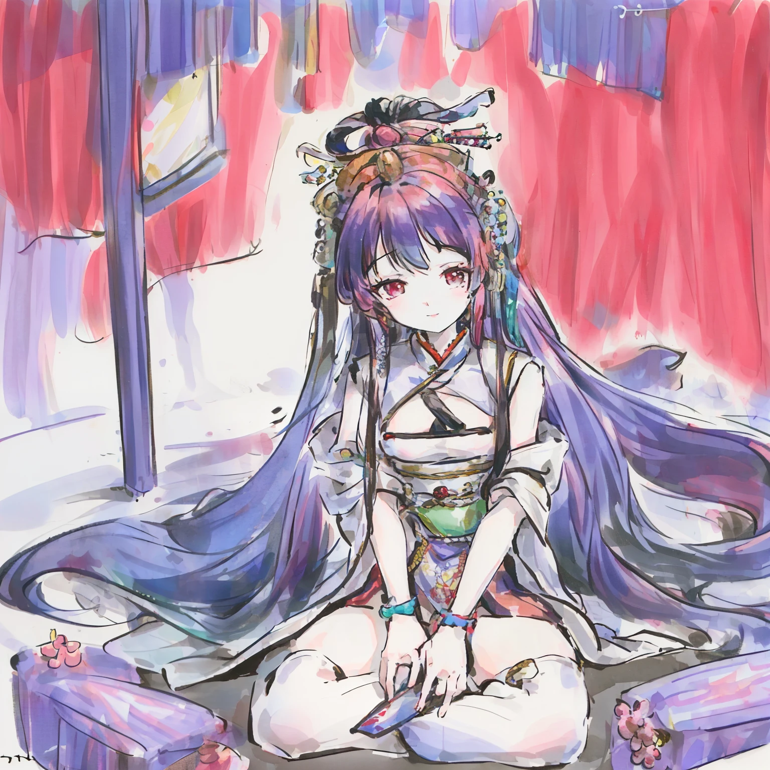 Anime girl with Mongolian features, sitting on the floor with a playful expression, Legs crossed, revealing a colorful traditional outfit. Her long, lucid hair cascades down her back, adorned with vibrant beads and intricate braids. Cute and full of charm, she captivates the hearts of onlookers, creating a mesmerizing scene in this animated world. (Vibrant colors:1.8),(Mongolian features:1.4),(Detailed hair decorations:1.2),(Sitting on the floor:1),(Charming expression:1.5),(Colorful traditional outfit:1.3)