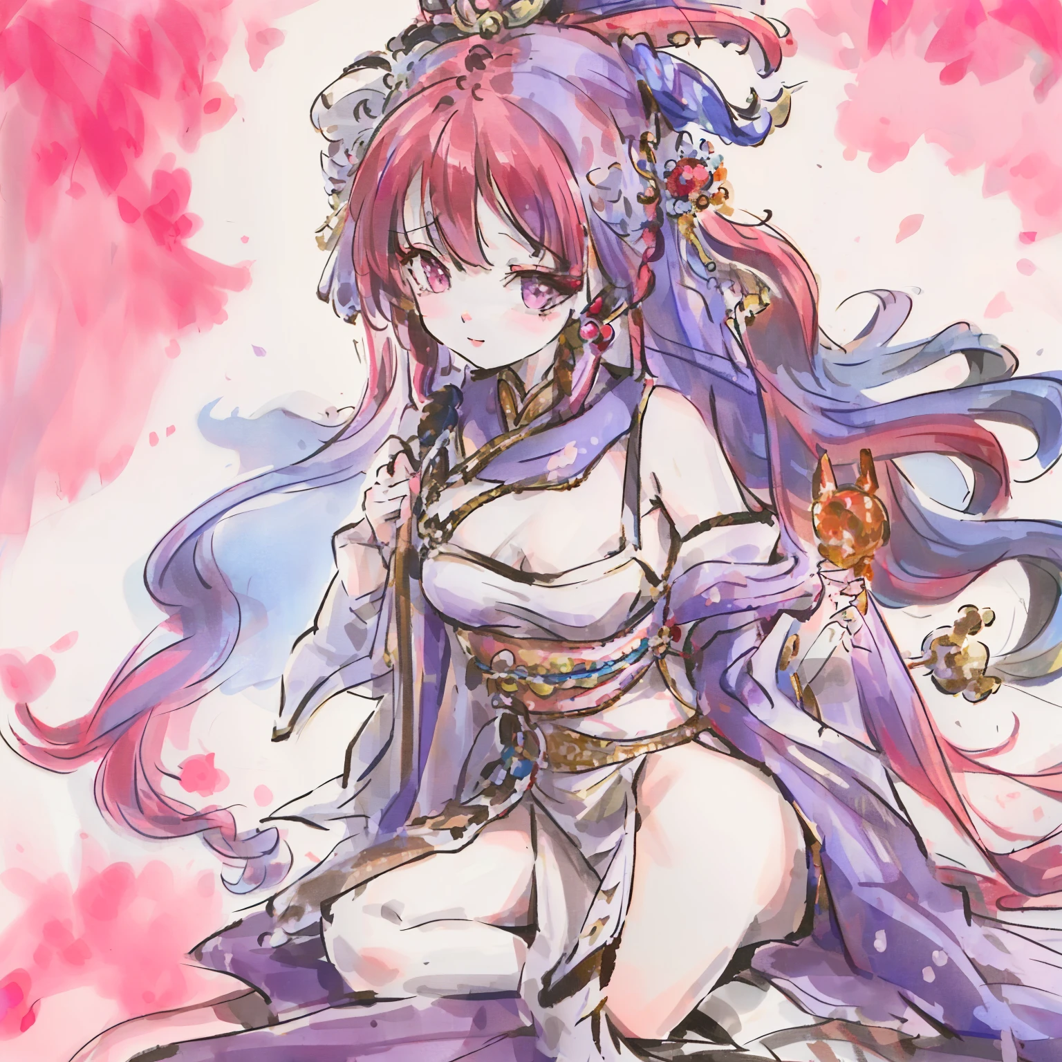 Anime girl with Mongolian features, sitting on the floor with a playful expression, Legs crossed, revealing a colorful traditional outfit. Her long, lucid hair cascades down her back, adorned with vibrant beads and intricate braids. Cute and full of charm, she captivates the hearts of onlookers, creating a mesmerizing scene in this animated world. (Vibrant colors:1.8),(Mongolian features:1.4),(Detailed hair decorations:1.2),(Sitting on the floor:1),(Charming expression:1.5),(Colorful traditional outfit:1.3)