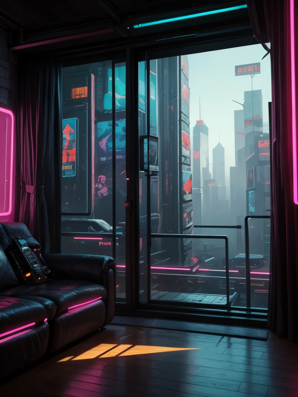 Generate a cozy and peaceful interior with a large window directly across from the camera. Through the window is a massive (((cyberpunk cityscape))) with (neon lights), highly detailed buildings, and colorful accents. The window and cityscape are important and should be focal points of the image. The room offers a sanctuary from the busy details of everyday life. This image should contrast quiet interiors with vibrant, busy, dynamic exteriors. Take inspiration from Kamen Nikolov's cyberpunk work on Artstation. Utilize trending art styles and dynamic lighting to create a ((masterpiece)).