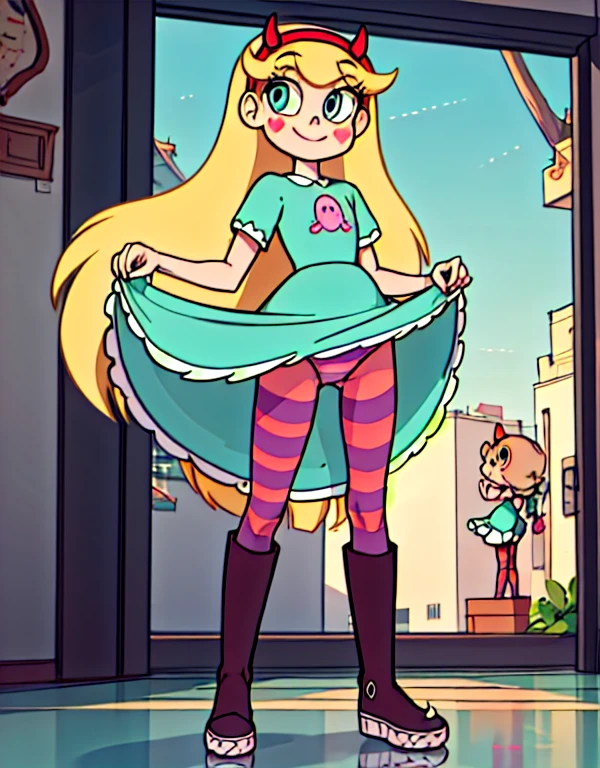 starbutterfly, 1girl, blonde hair, horned headwear, hairband, long hair, solo, heart, blue eyes, facial mark, very long hair,teal dress,striped pantyhose,boots,   , blush stickers,looking at viewer, smile,  standing , upskirt view, upskirt focus, skirt lift, cameltoe, panties lines on pantyhose, pantyshot, under skirt view,