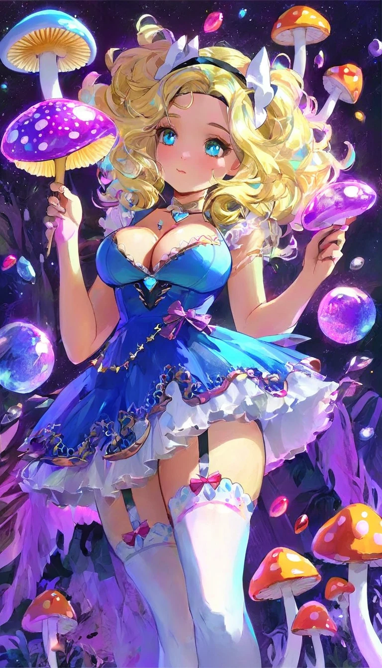 a beautiful 20 year old blonde woman with big messy hair in a blue dress, white stockings, black headband, cleavage, holding a glowing mushroom, fantasy art style, rossdraws cartoon vibrant, alice in wonderland cyberpunk, cute detailed digital art, colorfull digital fantasy art, digital fantasy art ), glossy digital painting, rossdraws pastel vibrant, rossdraws 2. 5, rossdraws 1. 0