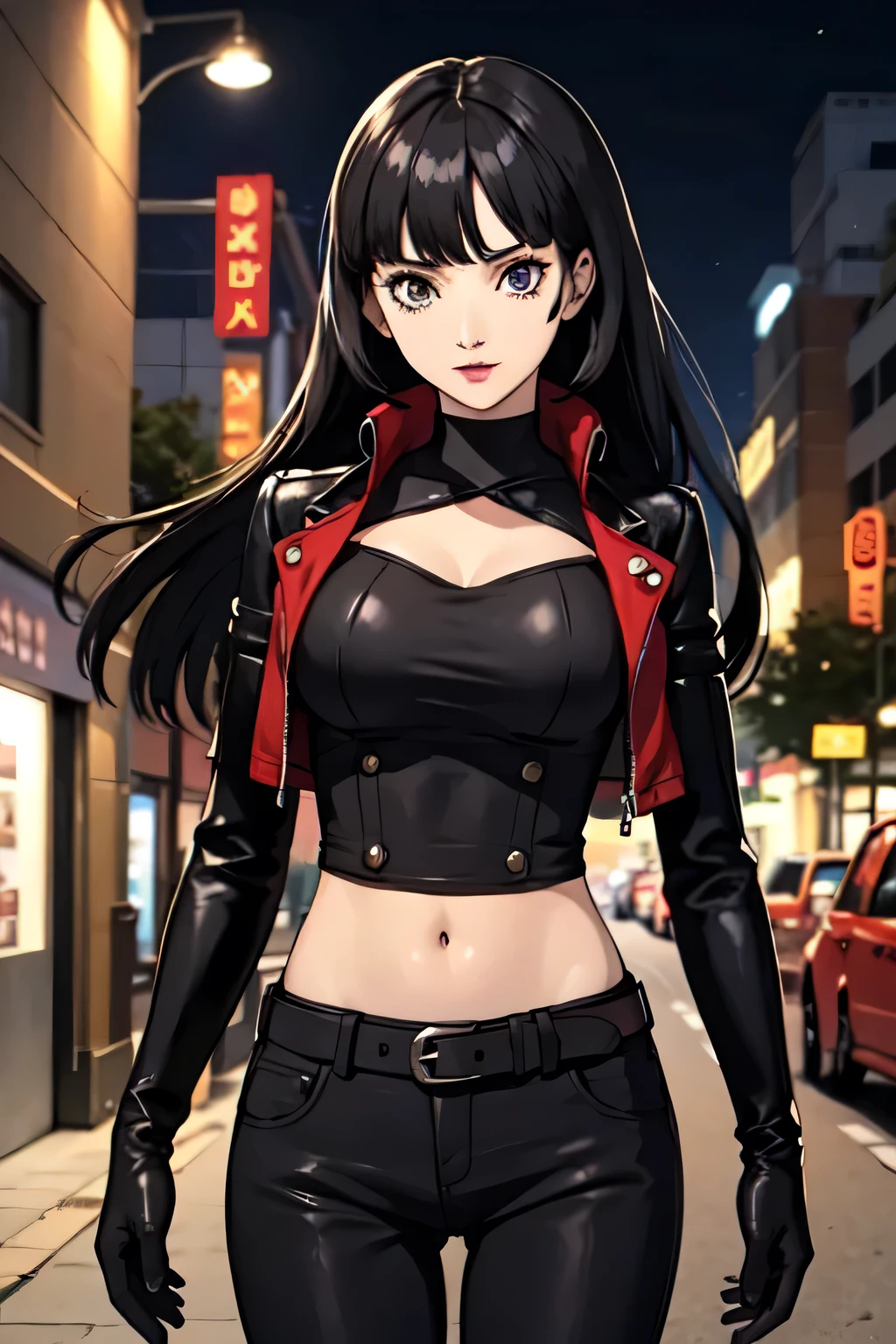 masterpiece, best quality, beautiful detailed eyes, beelstarmon, 1girl, solo, long hair, looking at viewer, large breasts, gloves, long sleeves, navel, standing, jacket, sidelocks, cowboy shot, open clothes, black gloves, midriff, belt, pants, city, street,