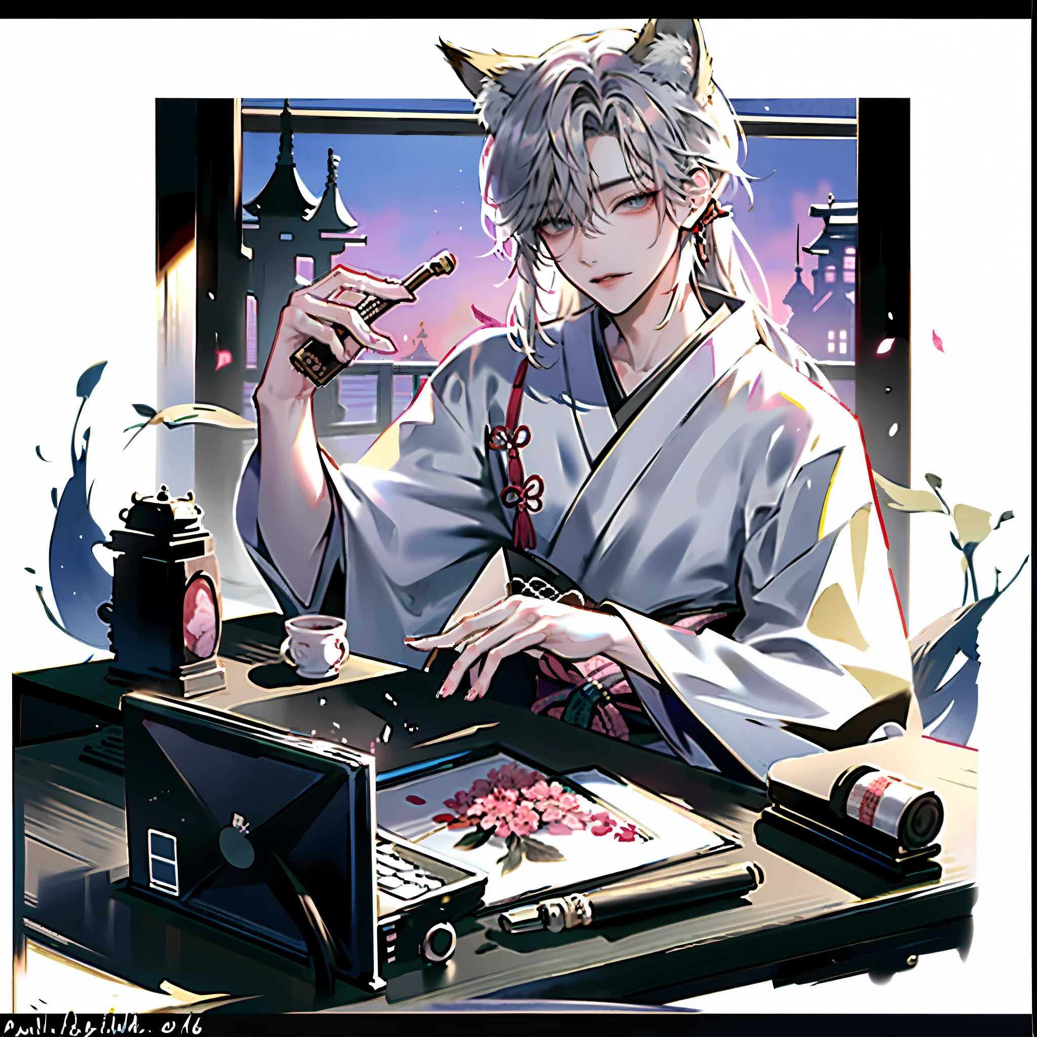 (masterpiece:1.2, highest quality), (Beautiful Eyes: 1.2), ((One Man)), ((alone)), ( Beautiful and vivid background: 1.2), (Very detailedなCG, Very detailed, Best Shadow: 1.1), ((Depth of written boundary)), ((watercolor)), (They are: 1.5), (kimono: 1.3), Beautiful concept art, 
male、handsome、Silver Hair、Shoulder-length hair、Fox Ears、Fox&#39;s Tail、Wearing headphones、A kind face、The voice is low、silver、kimono姿、Wearing a robe、
 (figure: 1.1), (Very delicate: 1.1), (Perfect detail: 1.1)、
Working while looking at a computer