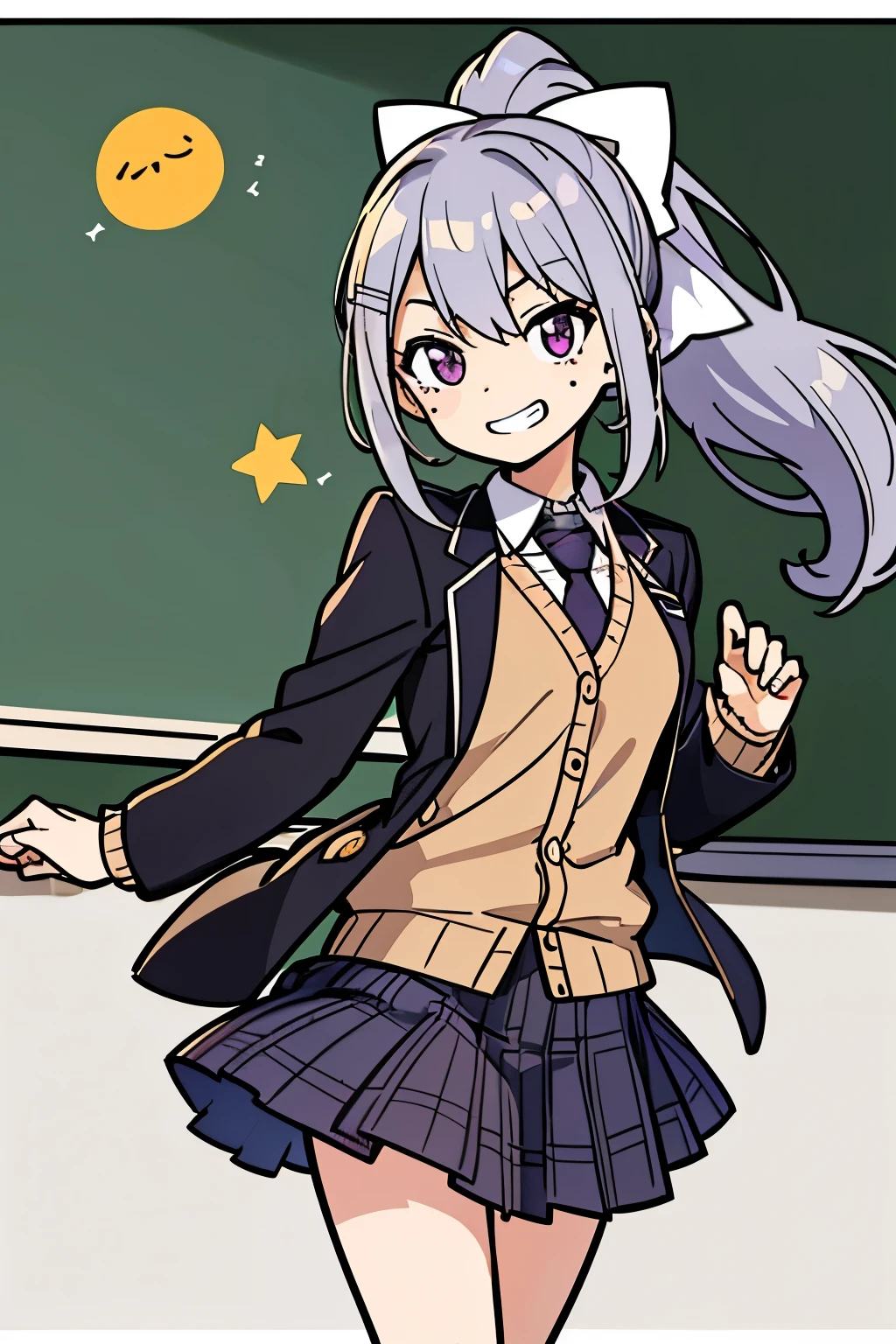 best quality, masterpiece, grin, higuchi kaede, 1girl, solo, long hair, mole under eye, purple eyes, ponytail, white bow, hair bow, blazer, purple necktie, hairclip, open clothes, cardigan, , grey hair, black jacket, collared shirt, plaid skirt, long sleeves, grey skirt, (wind blow up the skirt:1.2), in classroom at evening