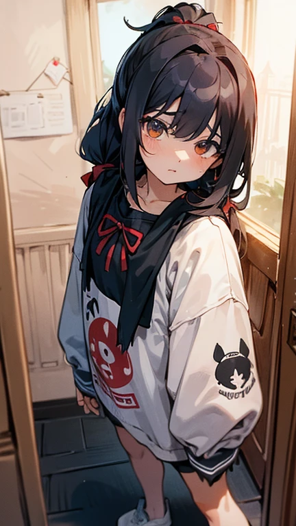 depression, Cabello negro ondulado, mirada penetrante con ojos profundos de color rojo, estatura promedio, Silky hair with a ponytail hairstyle collected with a red bow with two white lines, tiene pechos, copa de pechos a, small breasts, delgada, primer plano, Session, standing in the middle of his room [[[[llorando ]]]] LLORANDO, desconsolada, triste, deprimida, ropa desordenada, messy room clothes everywhere, depression, desastre, ojeras, pelo sucio y desordenado, mirada cansada , cuarto sumergido en la oscuridad , usando ropa holgada sin animos de estar viva, usando solo una blusa holgada 