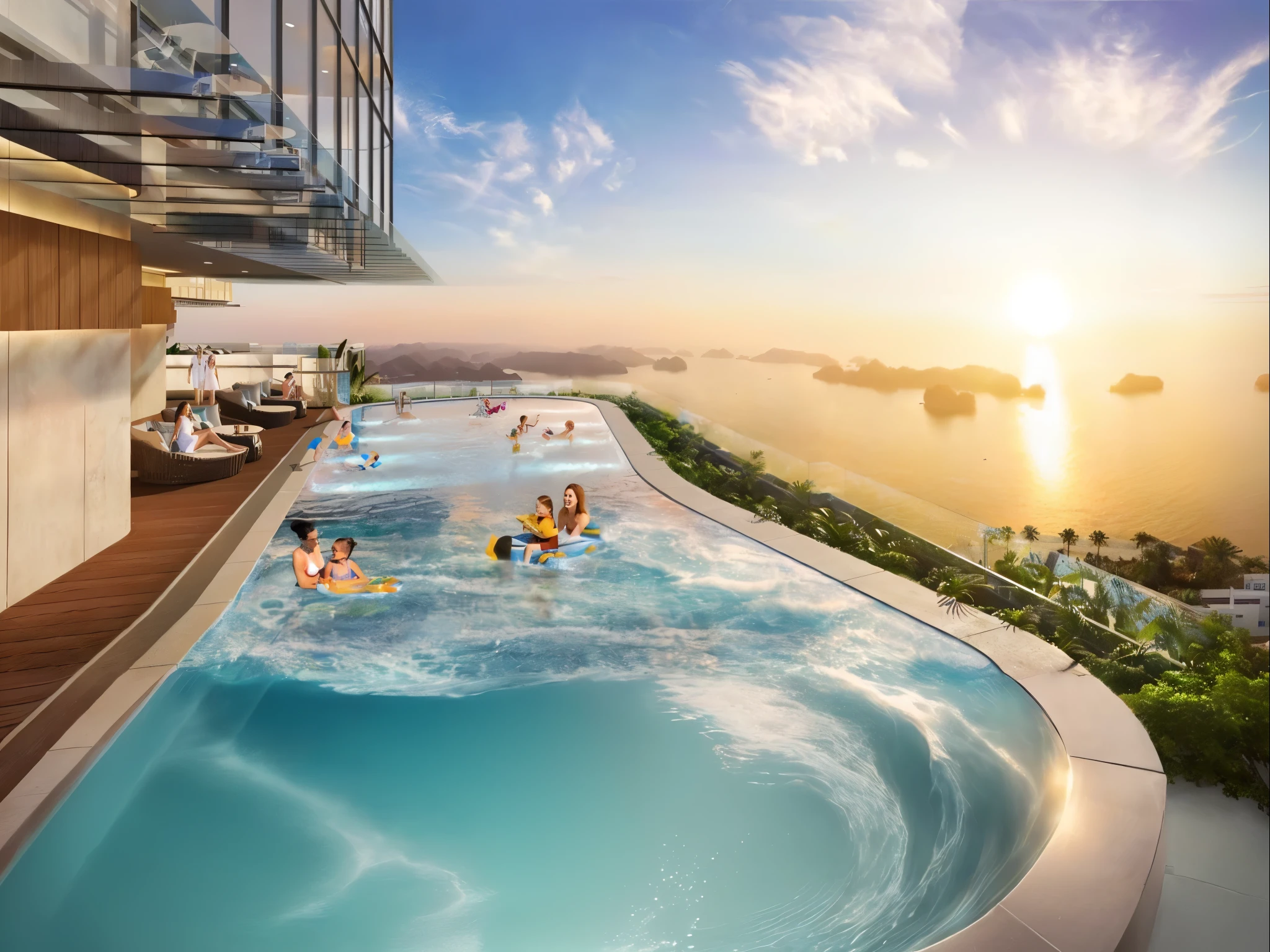 a le rendu of a swimming pool on a rooftop overlooking the ocean, concentric infinity pool, Infinity pool, chef-d'majestic work, vue imprenable, Sky Island, true realistic image, chef-d'legendary work, profondeur incroyable, heaven in the background, vue majestueuse, amazing background, bird's eye view'oiseau, vue imprenable, bird's eye view'oiseau, realistic image, Vue au niveau des yeux, le rendu