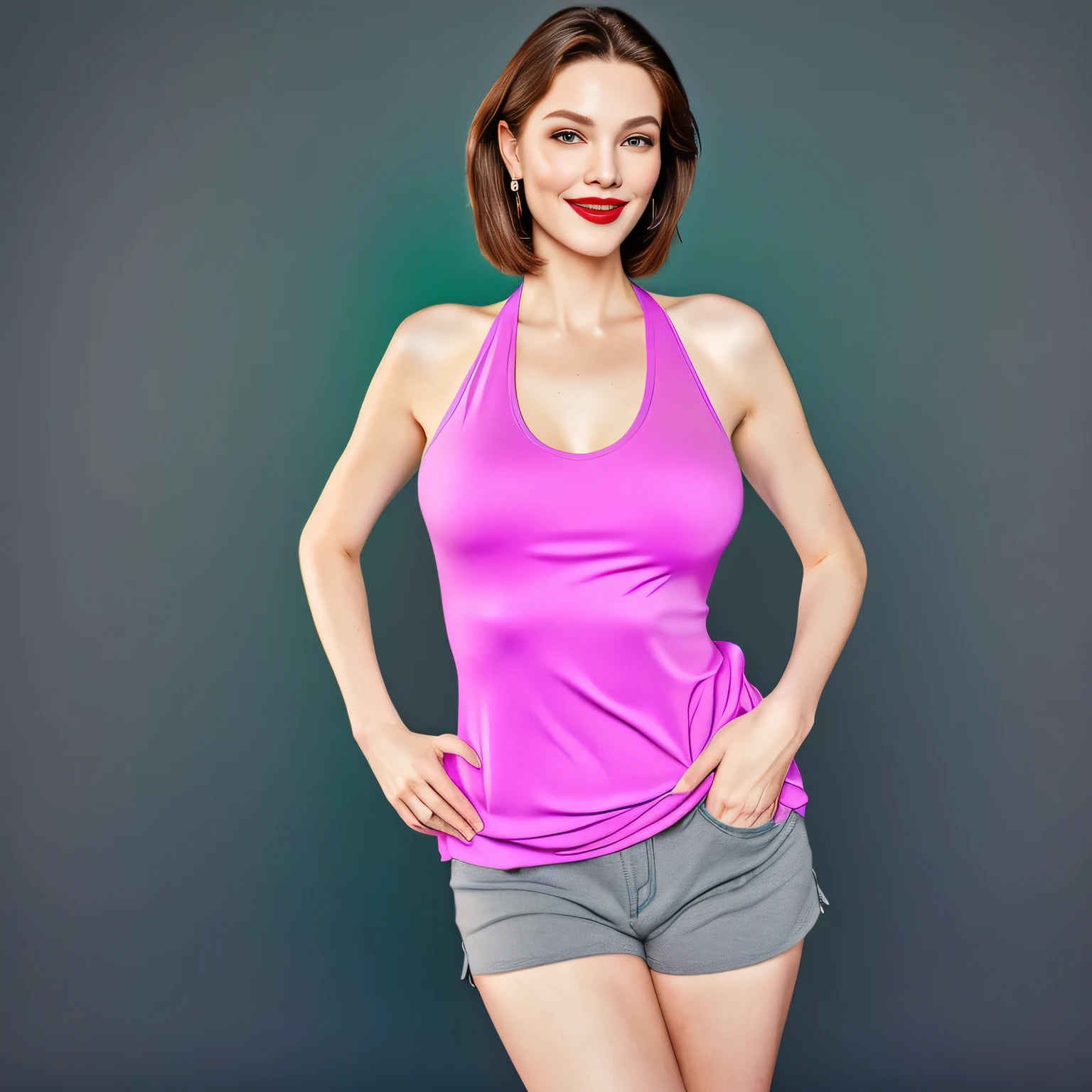 The image shows a woman standing against a black background. with her hands resting on her hips as she smiles. She is wearing a vibrant purple sports tank top and heather shorts (((blue-gray-green-black))), suggesting an active lifestyle or athletic attire for working out. Her pose and smile convey a sense of joy and self-confidence. Her expression appears neutral and she is looking directly at the camera. She is about 42 years old, 1.62 tall, 60 kg, best quality, perfect face, perfect mouth, perfect hands, is standing, (full body) her slightly plump and red lips look like a delicate flower. Slim body, slim waist. Her body exudes glamor and her face is the definition of beauty. Highly realistic, reddish skin, beautiful and slightly plump lips, pink lipstick, feeling of lightness and joy, hyper-realism, very elaborate skin. Sharp photo, high quality, high resolution (ultra quality masterpiece), Ultra HD, high contrast, 16K. Masterpiece: 1.3, high resolution, (photographically realistic), NUDE, NUDITY, NFSW.