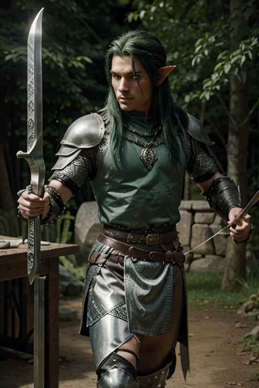 An elf, man, warrior with dark green hair, fair skin, leaving a tavern at night, wearing chain mail armor, with the following weapons, long sword, bow and arrows. drawing based on the artist heise