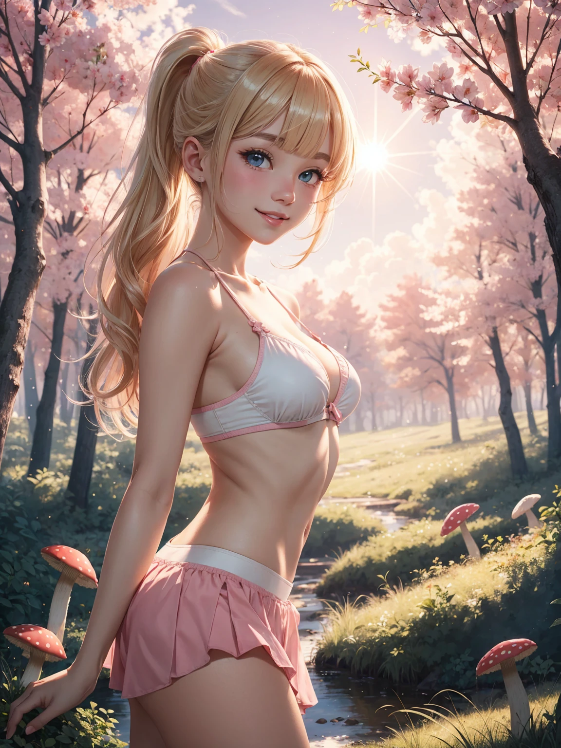 (masterpiece, best quality:1.4), Young blonde beauty, (((18 years old, neat girl))), detailed blue eyes, long eyelashes, blush, kind smile, , upper body, bikini top, small ass, y short pink skirt, (looking at viewer), beautiful blonde hair, white-skinned, (bangs:1.3), ponytail, squeezing, (medium size breasts)room forest, celestial forest, beautiful and magnificent pink sunshine, majestic sky), natural light, pastel colors
