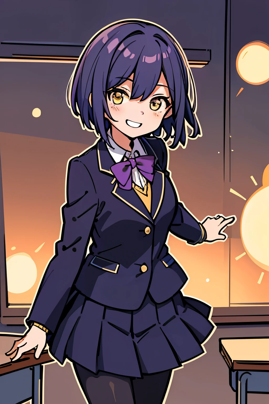 best quality, masterpiece, grin, shizurin, 1girl, shizuka rin, solo ,yellow eyes, pleated skirt, short hair, blazer, blue hair, purple pantyhose, long sleeves, mole under eye, bangs, purple bowtie, collared shirt, black skirt, sweater, blue jacket, miniskirt, (wind blow up the skirt:1.2), in classroom at evening