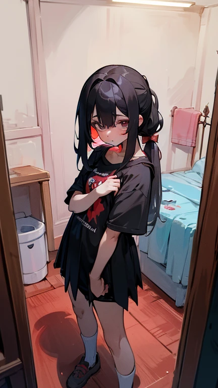 depression, Cabello negro ondulado, mirada penetrante con ojos profundos de color rojo, estatura promedio, Silky hair with a ponytail hairstyle collected with a red bow with two white lines, tiene pechos, copa de pechos a, small breasts, delgada, primer plano, Session, standing in the middle of his room [[[[llorando ]]]] LLORANDO, desconsolada, triste, deprimida, ropa desordenada, messy room clothes everywhere, depression, desastre, ojeras, pelo sucio y desordenado, mirada cansada , cuarto sumergido en la oscuridad , usando ropa holgada sin animos de estar viva, usando solo una blusa holgada 