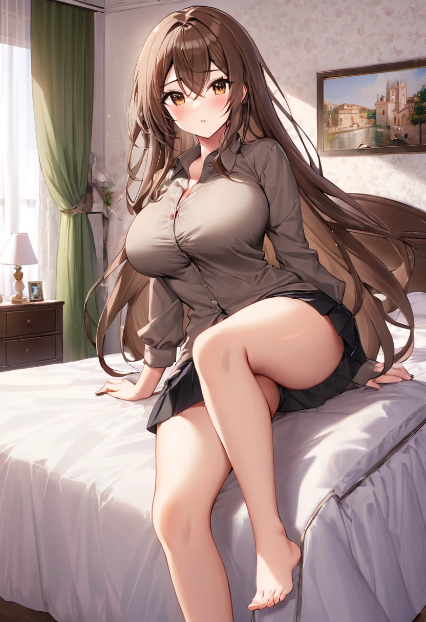 Italian girl, very long brown hair, busty, wearing a small shirt, wearing a black pleated miniskirt, her hair covering her breasts, bare feet, bedroom