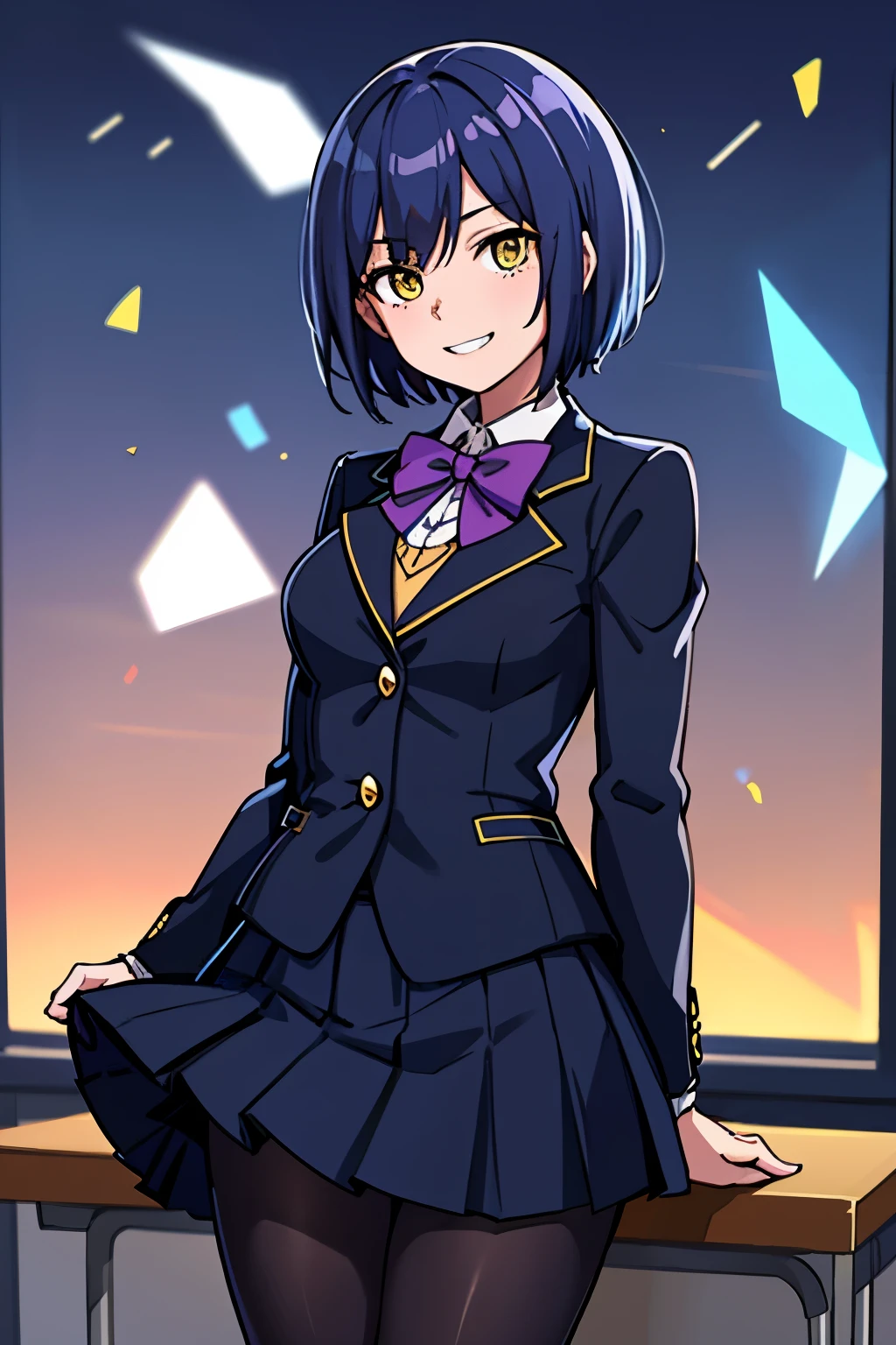 best quality, masterpiece, grin, shizurin, 1girl, shizuka rin, solo ,yellow eyes, pleated skirt, short hair, blazer, blue hair, purple pantyhose, long sleeves, mole under eye, bangs, purple bowtie, collared shirt, black skirt, sweater, blue jacket, miniskirt, (wind blow up the skirt:1.2), in classroom at evening