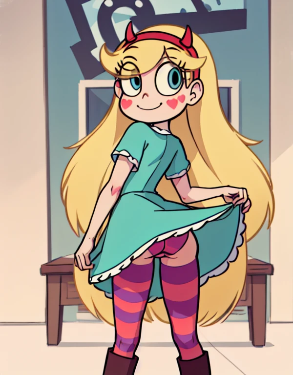 starbutterfly, 1girl, blonde hair, horned headwear, hairband, long hair, solo, heart, blue eyes, facial mark, very long hair,teal dress,striped pantyhose,boots, , blush stickers,looking at viewer, smile, standing , upskirt close view, upskirt close focus, skirt lift, cameltoe, panties lines on pantyhose, close pantyshot, under skirt close view, ass