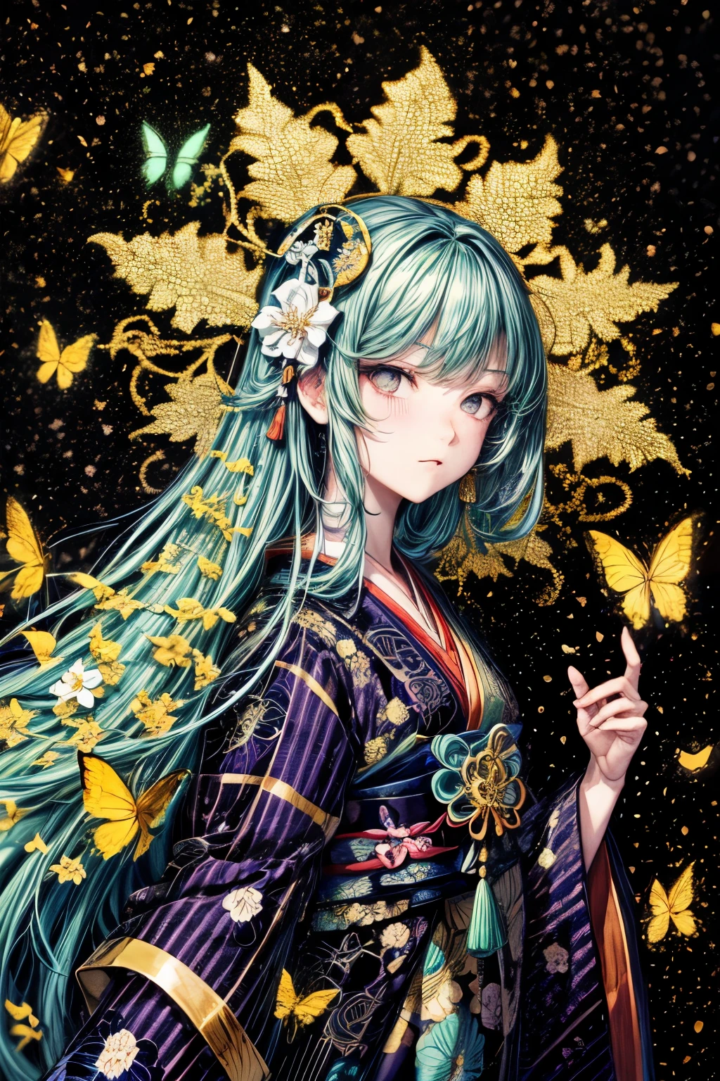 black background, in the art nouveau style, with many small flowers and plants, a geisha surrounded by butterflies, Japanese fans, Japanese patterned paper in the corners, with delicate details, in dark gold and light green colors, a colorful design, in the ukiyoe style, black ground, in dark purple and white colors, with high resolution