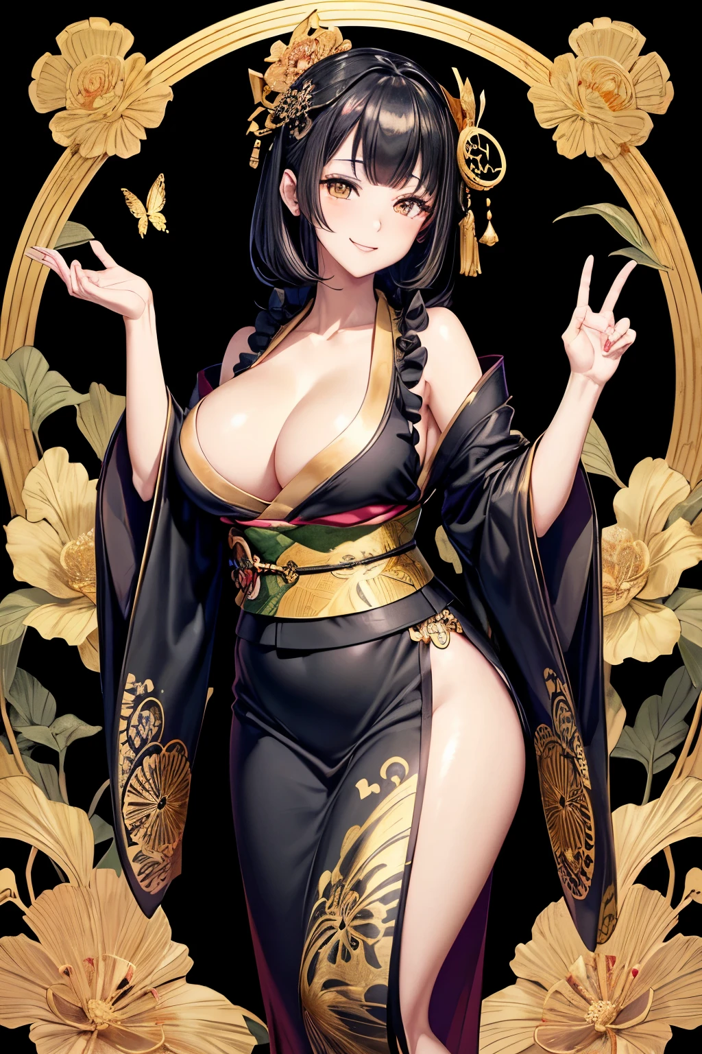 black background, in the art nouveau style, with many small flowers and plants, a Oiran surrounded by butterflies, Japanese fans, Japanese patterned paper in the corners, with delicate details, in dark gold and light green colors, a colorful design, in the ukiyoe style, black ground, in dark purple and white colors, (Big breasts), (Black hair :1.3), (Cute pose: 1.2), Plump and glossy lips, beautiful clear eyes, (Vest (Smile), Spoken Heart, (Perfect Hand: 1.2), (gold Theme: 1.4), (Maxi-length black kimono), with high resolution,32k, Top quality, Super detail, Masterpiece,