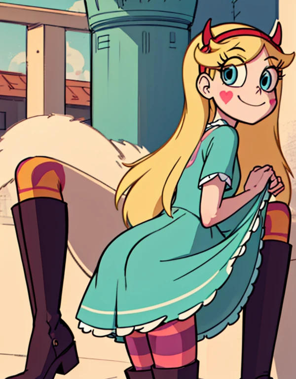 starbutterfly, 1girl, blonde hair, horned headwear, hairband, long hair, solo, heart, blue eyes, facial mark, very long hair,teal dress,striped pantyhose,boots,   , blush stickers,looking at viewer, smile,  standing , upskirt close view, upskirt close focus, skirt lift, cameltoe, panties lines on pantyhose, close pantyshot, under skirt close view, ass, spread legs, evil smile