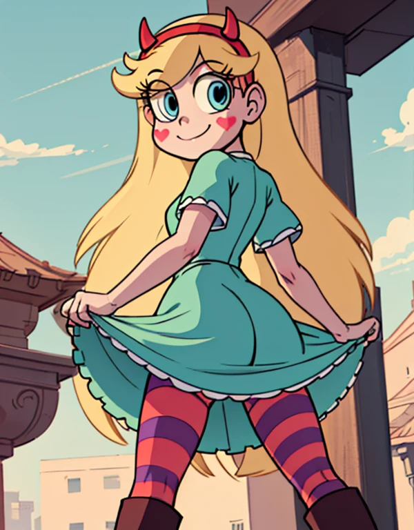 starbutterfly, 1girl, blonde hair, horned headwear, hairband, long hair, solo, heart, blue eyes, facial mark, very long hair,teal dress,striped pantyhose,boots,   , blush stickers,looking at viewer, smile,  standing , upskirt close view, upskirt close focus, skirt lift, cameltoe, panties lines on pantyhose, close pantyshot, under skirt close view, ass, spread legs, evil smile