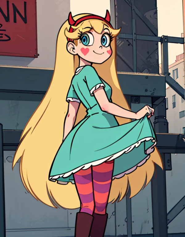 starbutterfly, 1girl, blonde hair, horned headwear, hairband, long hair, solo, heart, blue eyes, facial mark, very long hair,teal dress,striped pantyhose,boots,   , blush stickers,looking at viewer, smile,  standing , upskirt close view, upskirt close focus, skirt lift, cameltoe, panties lines on pantyhose, close pantyshot, under skirt close view, ass, spread legs, evil smile