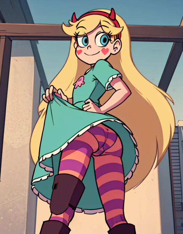 starbutterfly, 1girl, blonde hair, horned headwear, hairband, long hair, solo, heart, blue eyes, facial mark, very long hair,teal dress,striped pantyhose,boots,   , blush stickers,looking at viewer, smile,  standing , upskirt close view, upskirt close focus, skirt lift, cameltoe, panties lines on pantyhose, close pantyshot, under skirt close view, ass, spread legs, evil smile