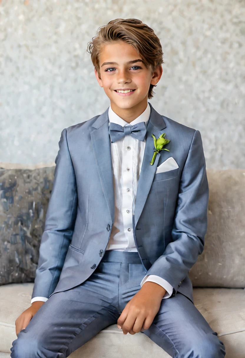 Beautiful and realistic 15 year old boy in tuxedo on the beach, carasultra detalladas, ., fotorrealista mejor calidad Imgen, EOS R7 mirrorless camera + Objetivo RF-S 18-150mm F3.5-6.3 IS STM de Canon A boy of 16 years old,A 15 year old boy with very light brown hair,"sentado em el sofa", ojos grise, piel blanca, rasgos finos Americanos y europeos, con ropa muy formal y elegante, traje smokin color azul oscuro, Zapatos negro charol, en la sala de su casa, mirada alegre, dulce sonrisa, joy on the face, mejillas super delgadas. joven delgado. estatura media y delgado ( flaco