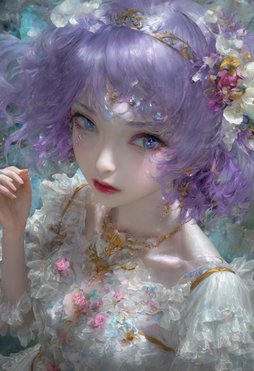 day,agent,glamor,mature,1girl,depth of field,lens_flare,(eyepatch:1.5),scar,rain,cloudy day,lace,frilled,hime cut,fighting,flower wedding dress,long hair,purple hair,full-size photograph,from_outside,from_above,