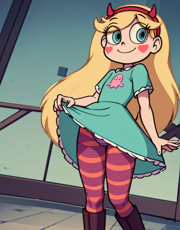 starbutterfly, 1girl, blonde hair, horned headwear, hairband, long hair, solo, heart, blue eyes, facial mark, very long hair,teal dress,striped pantyhose,boots, , blush stickers,looking at viewer, smile, standing , upskirt close view, upskirt close focus, skirt lift up, cameltoe, panties lines on pantyhose, close pantyshot, under skirt close view, ass, spread legs, evil smile