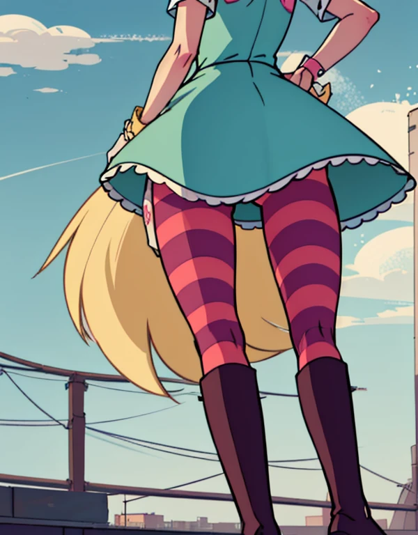 starbutterfly, 1girl, blonde hair, horned headwear, hairband, long hair, solo, heart, blue eyes, facial mark, very long hair,teal dress,striped pantyhose,boots, , blush stickers,looking at viewer, smile, standing , upskirt close view, upskirt close focus, skirt lift up, cameltoe, panties lines on pantyhose, close pantyshot, under skirt close view, ass, spread legs, evil smile