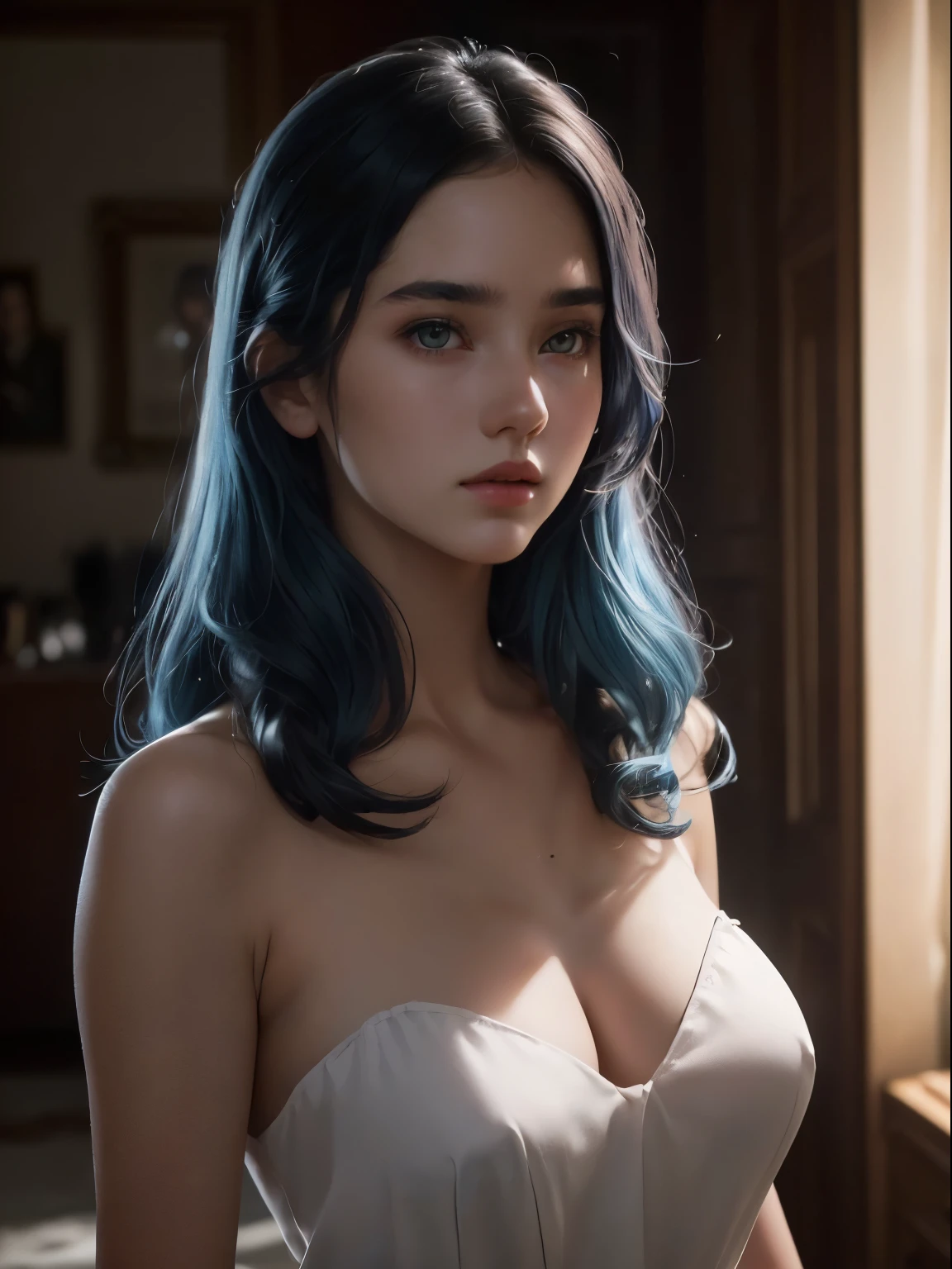 (Best quality,8K,A high resolution,Masterpiece:1.2, DSLR, 16k ),Ultra-detailed,(Realistic,Photorealistic,photo-realistic:1.37),Portrait, Creative style artwork, Historical, classical, Sophisticated, plethora of colors ,Highly detailed, Soft lighting, luxurious environment, there is young woman , naked, performing a music video, slim fit (oval perfect shape, asymmetrical face structure, perfect proportion, almond eye type, hazal eye color, detailed eyes, blue hair color, 32 inch breasts, hourglass figure, slim body, pale white skin tone ,sexy girl, 25 years old, soft wavy hair, looking away, attitude expression, professional makeup, pink lips)