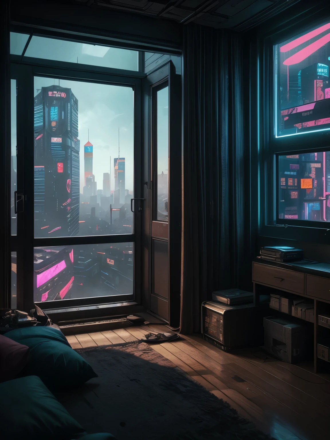 Generate a cozy and peaceful interior with a large window directly across from the camera. Through the window is a massive (((cyberpunk cityscape))) with (neon lights), highly detailed buildings, and colorful accents. The window and cityscape are important and should be focal points of the image. The room offers a sanctuary from the busy details of everyday life. This image should contrast quiet interiors with vibrant, busy, dynamic exteriors. Take inspiration from Kamen Nikolov's cyberpunk work on Artstation. Utilize trending art styles and dynamic lighting to create a ((masterpiece)).