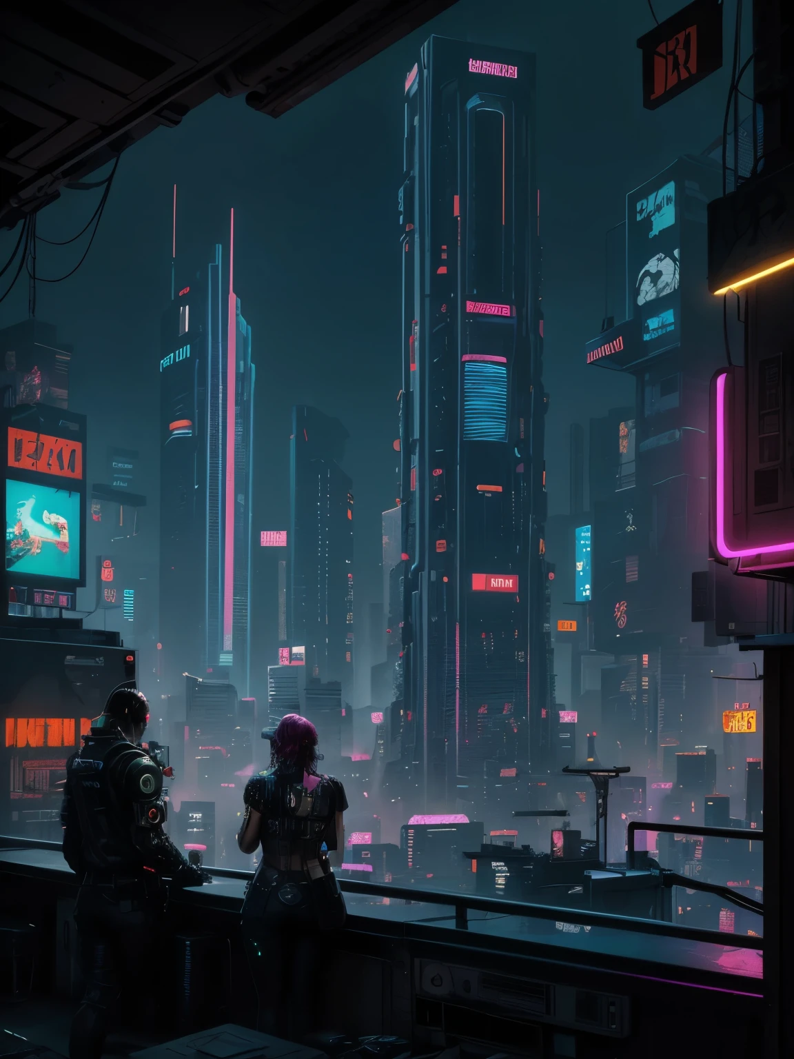 Generate a cozy and peaceful interior with a large window directly across from the camera. Through the window is a massive (((cyberpunk cityscape))) with (neon lights), highly detailed buildings, and colorful accents. The window and cityscape are important and should be focal points of the image. The room offers a sanctuary from the busy details of everyday life. This image should contrast quiet interiors with vibrant, busy, dynamic exteriors. Take inspiration from Kamen Nikolov's cyberpunk work on Artstation. Utilize trending art styles and dynamic lighting to create a ((masterpiece)). 