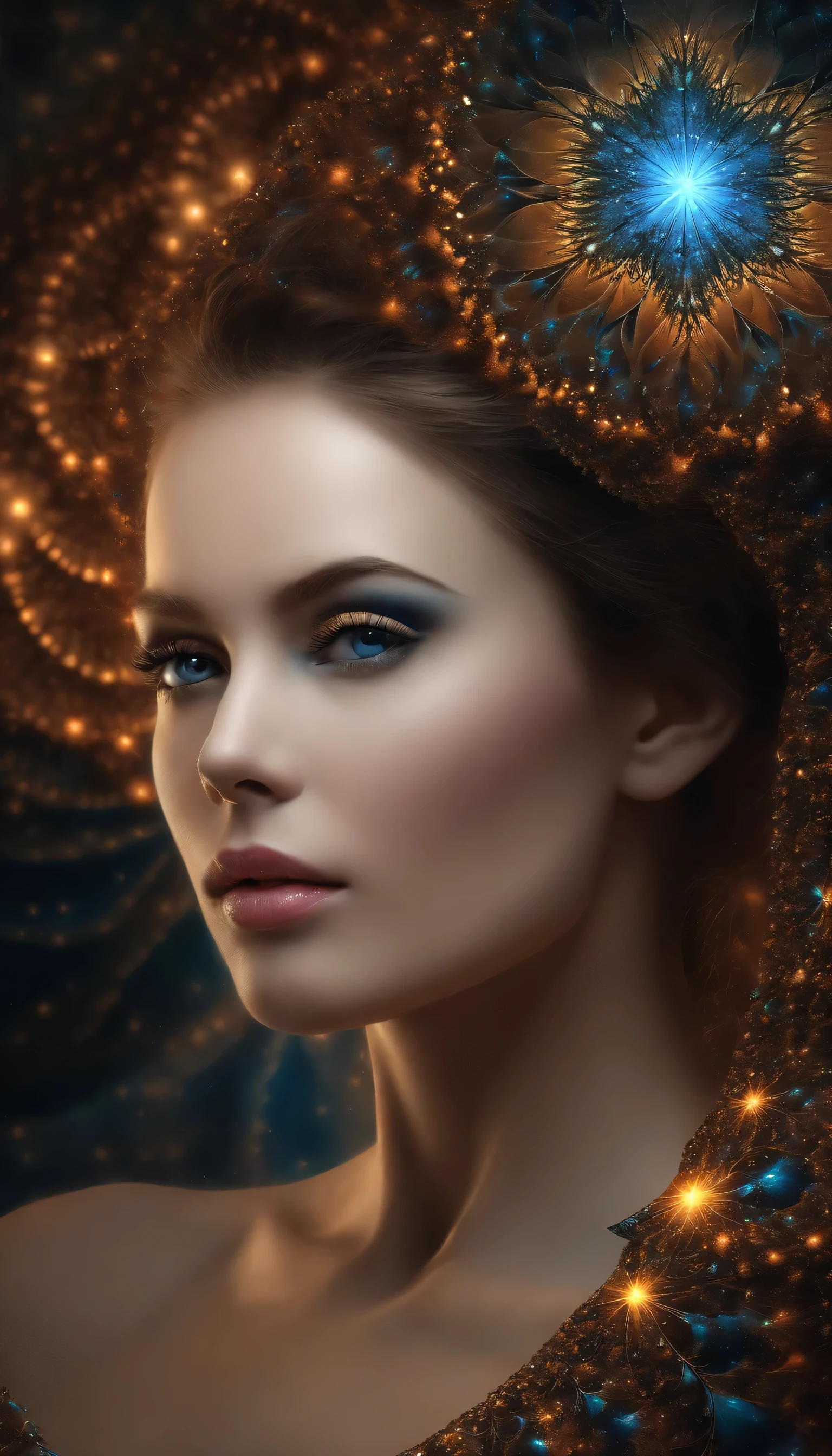 (Masterpiece, Top quality, Best quality, offcial art, Beauty and aesthetics: 1.2), (1 girl), Extreme detail, (Fractal art: 1.3), extremely colorful, suprem details, Perfect face, sportrait, hdr, starrysky, meteors, Light stripes, surrealism.