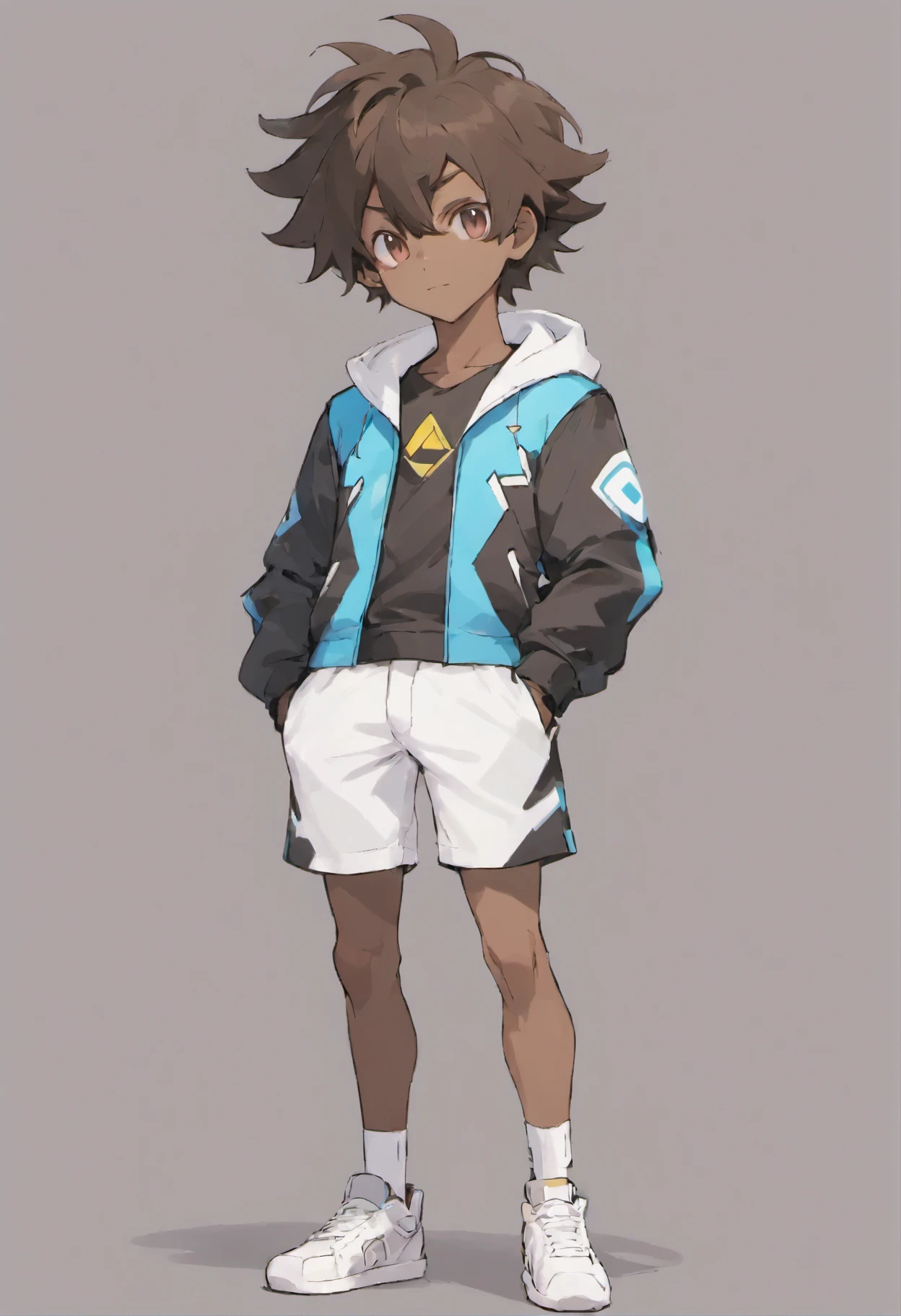 Solo Male, Dark Skin, French Crop Hair, Brown Eyes, Crossed Arms, Black Pokemon Trainer Jacket, White Short Pants, White Sneaker