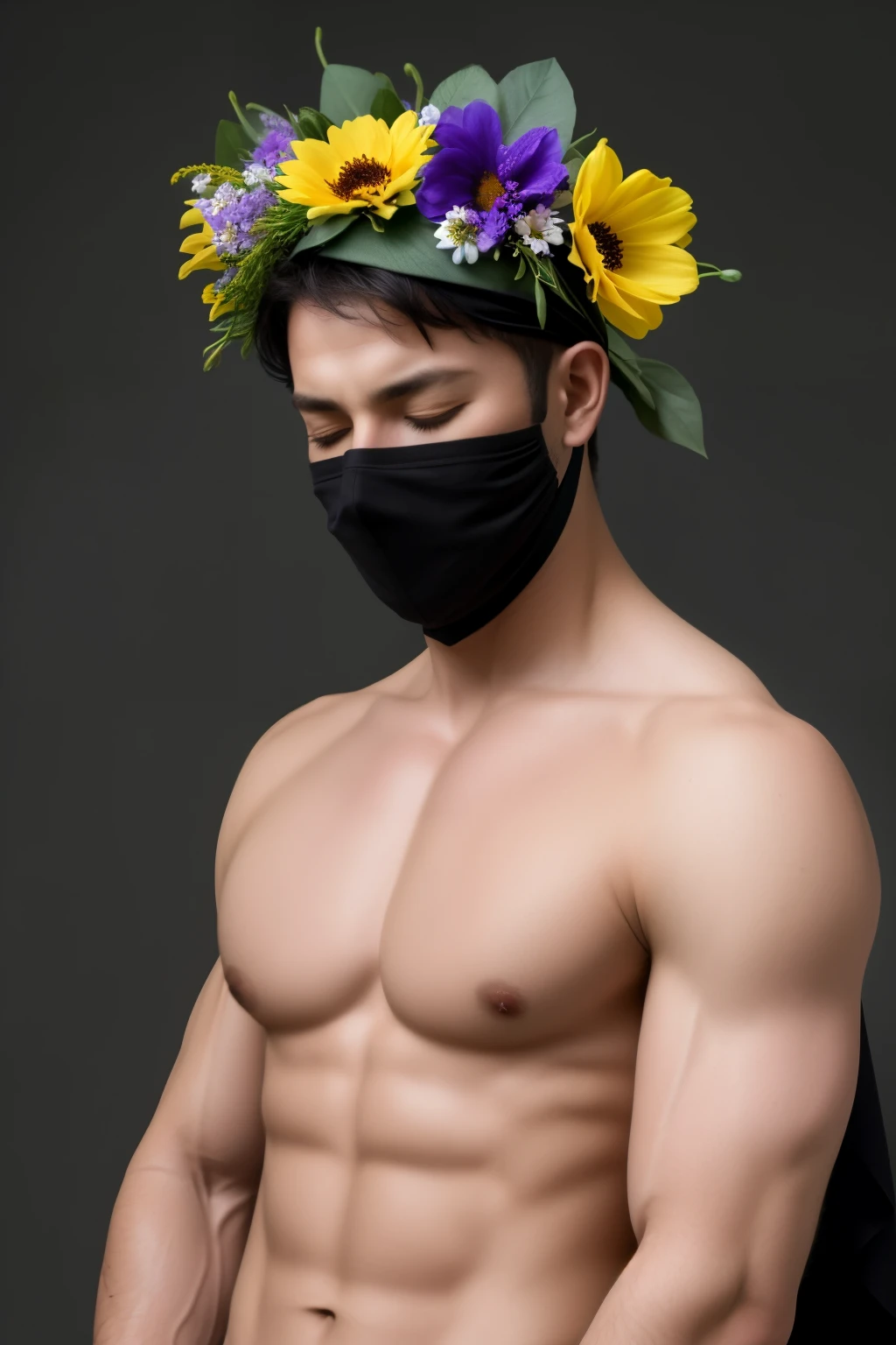 best quality,masterpiece,Ultra high detail,A handsome muscular man,Short black hair,topless,(Flowers on the shoulder),(With flowers in his black micro thong, flowers covered around his head, eyes are closed, covered, eyes are blindfolded with black cloth, realistic,Grey background, flowers on his head,Yellow, violet and white flowers,