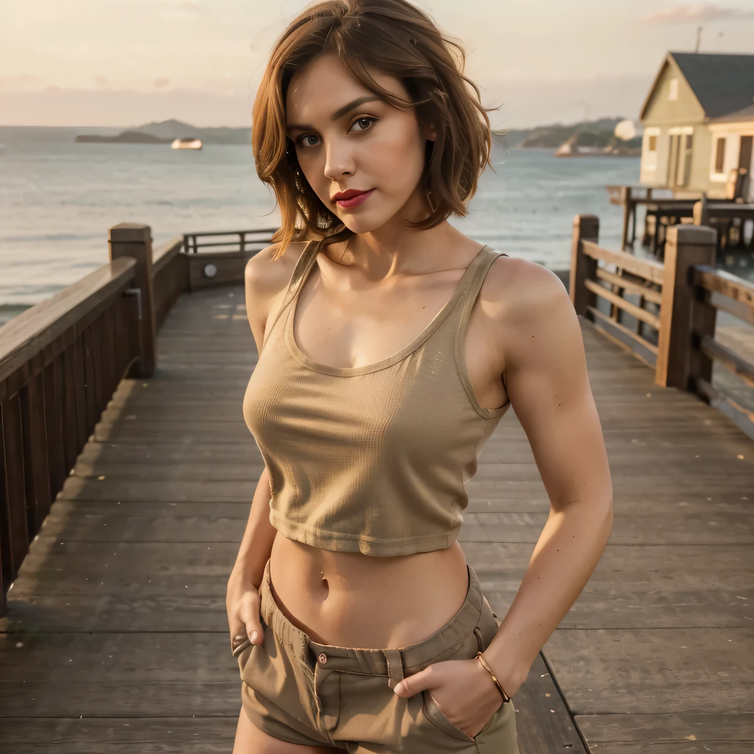 (Trans:1.2), cute brunette trans woman, wide jaw, big chin, beautiful eyes, short, tank top, khaki shorts, penis bulge, small breasts, red lipstick, pretty makeup, medium shaggy hair, hi res, ultra hd, 4K, 8k, standing on pier, golden hour