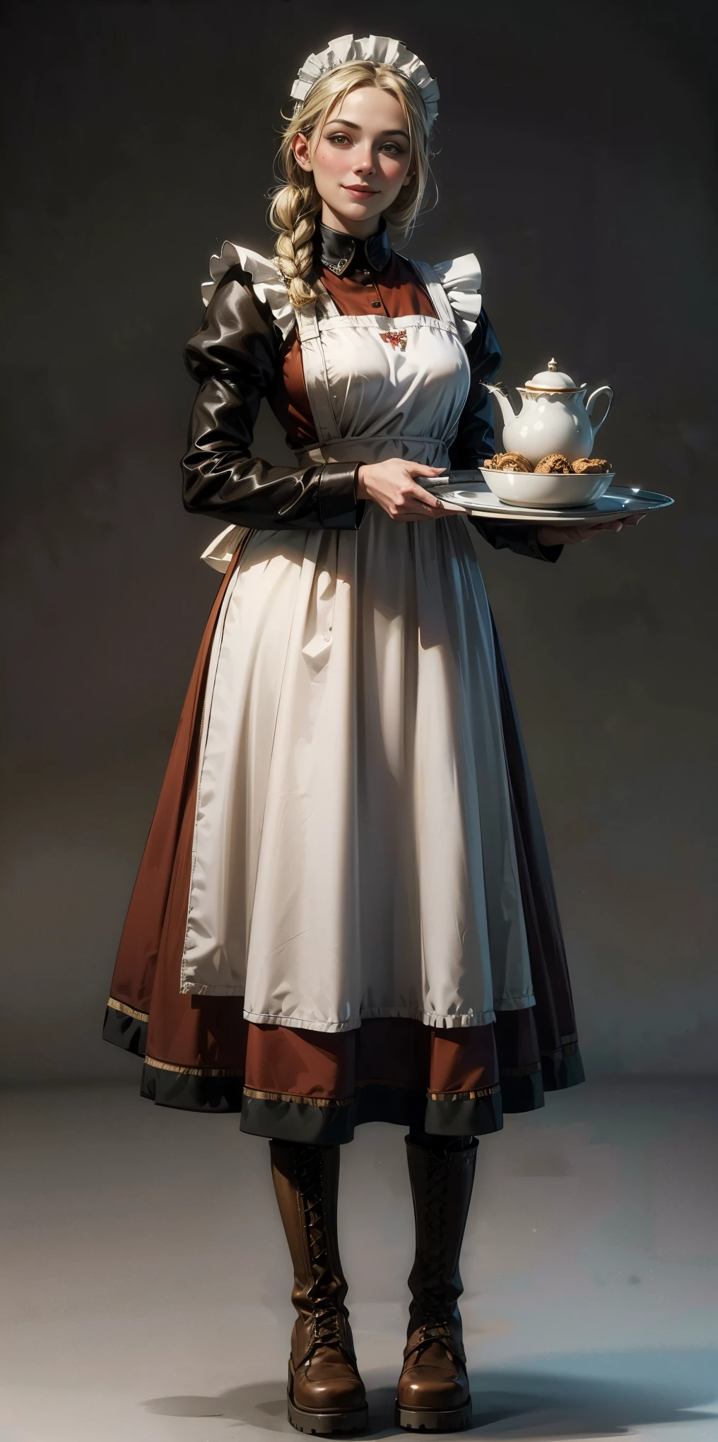 (masterpiece, plain background) full body standing straight symmetrical, lustful smirking smile face red blush red cheeks, looking at viewer, holding tray, braid, maid headdress, maid, dress, apron, long sleeves, brown pantyhose, long leather military boots, thighs, long white hair, dog fluffy ears