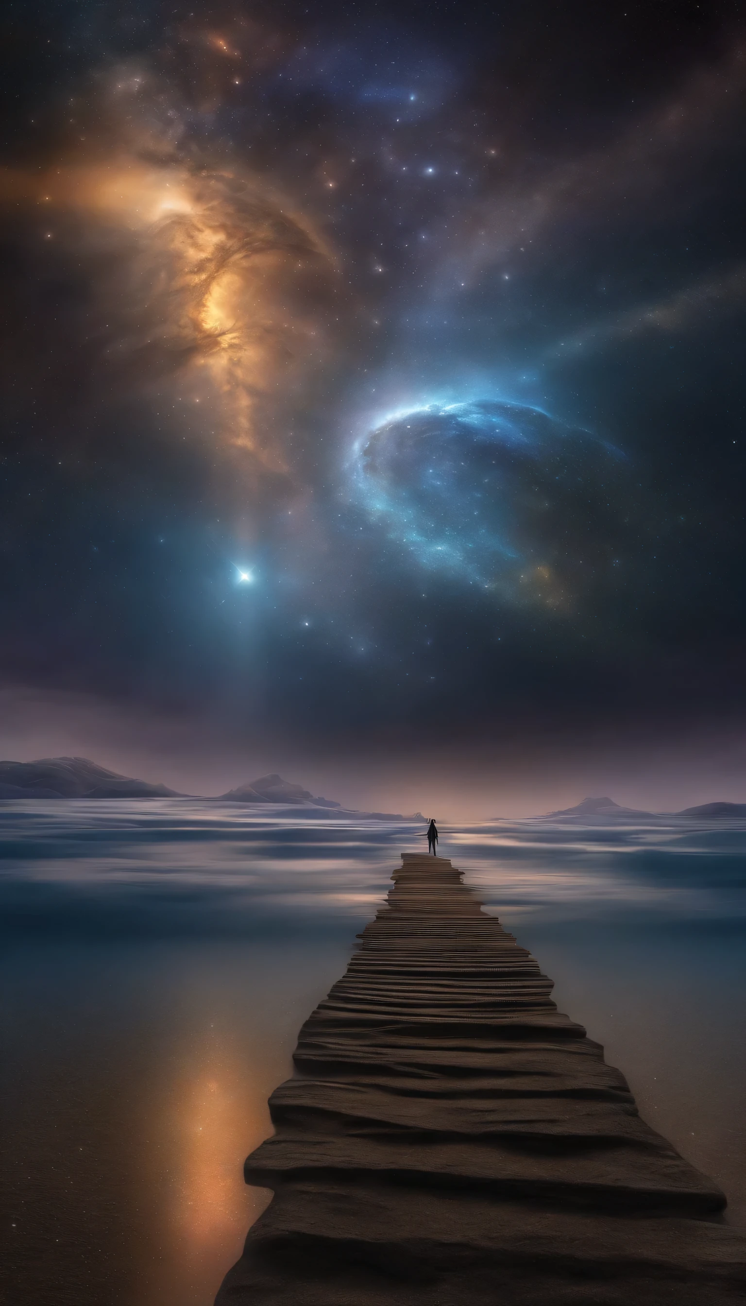 (Masterpiece, Top quality, Best quality, offcial art, Beauty and aesthetics: 1.2), (1 girl), Extreme detail, (Fractal art: 1.3), extremely colorful, suprem details, Perfect face, sportrait, hdr, starrysky, meteors, Light stripes, surrealism.