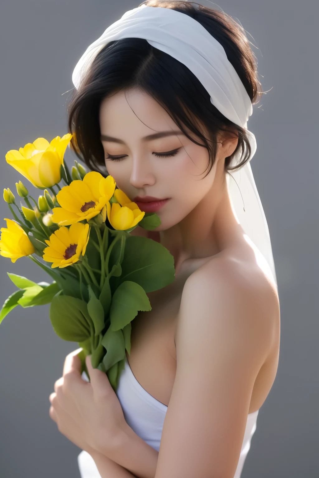 best quality,masterpiece,Ultra high detail,A handsome muscular man,Short black hair,topless,(Flowers on the shoulder),(With flowers in his black micro thong, flowers covered around his head, eyes are closed, covered, eyes are blindfolded with black cloth, realistic,Grey background, flowers on his head,Yellow, violet and white flowers,