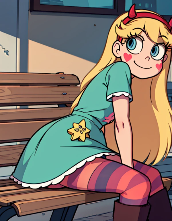 starbutterfly, 1girl, blonde hair, horned headwear, hairband, long hair, solo, heart, blue eyes, facial mark, very long hair,teal dress,striped pantyhose,boots,   , blush stickers,looking at viewer, smile, sitting on a bench , upskirt close view, upskirt close focus, skirt lift up, cameltoe, panties lines on pantyhose, close pantyshot, under skirt close view, ass, spread legs, evil smile