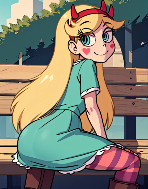 starbutterfly, 1girl, blonde hair, horned headwear, hairband, long hair, solo, heart, blue eyes, facial mark, very long hair,teal dress,striped pantyhose,boots,   , blush stickers,looking at viewer, smile, sitting on a bench , upskirt close view, upskirt close focus, skirt lift up, cameltoe, panties lines on pantyhose, close pantyshot, under skirt close view, ass, spread legs, evil smile