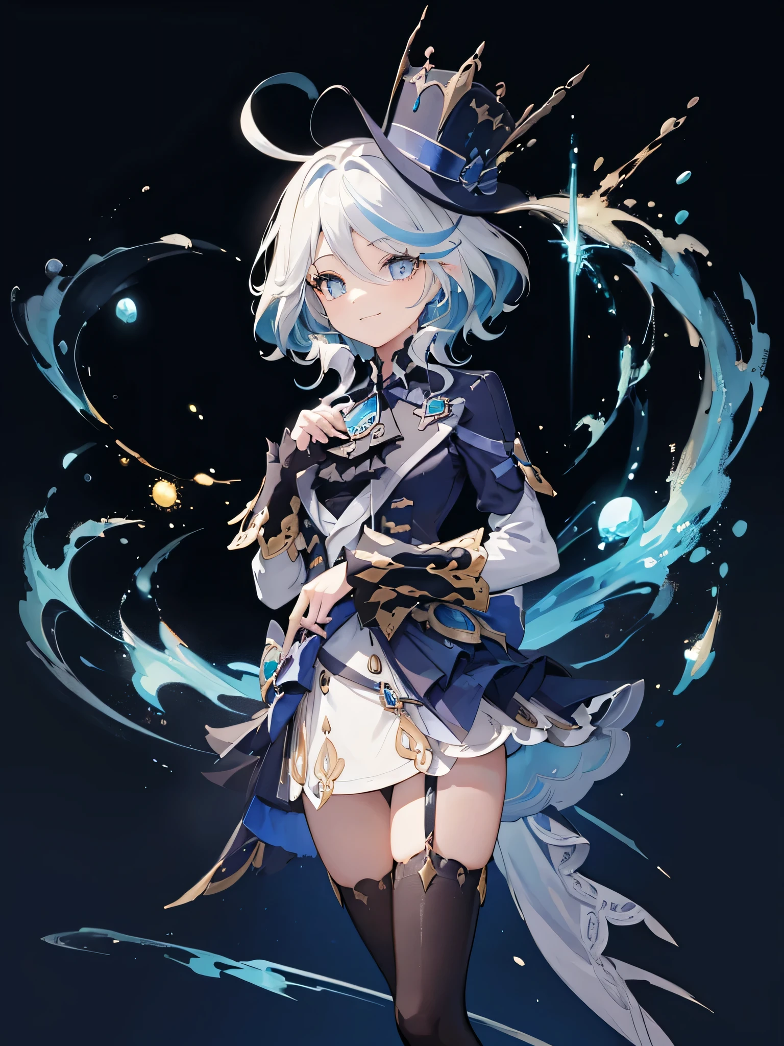 one girl, very cute girl, light smile, game illustration, furina, white hair, highlighted hair, blue hair, blue eyes, top hat, jump, hand-drawn illustrations, jewelry up, don't show your fingers.