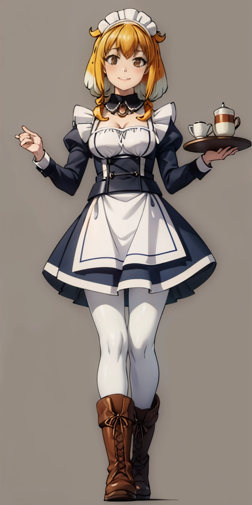 (masterpiece, plain background) full body standing straight symmetrical, lustful smirking smile face red blush red cheeks, looking at viewer, view from below, holding tray empty, 2braids, maid headdress, pearl necklace heart shaped, maid, dress, white apron, long sleeves, brown pantyhose, long leather military boots, thighs, long hair, roxanne dog fluffy ears