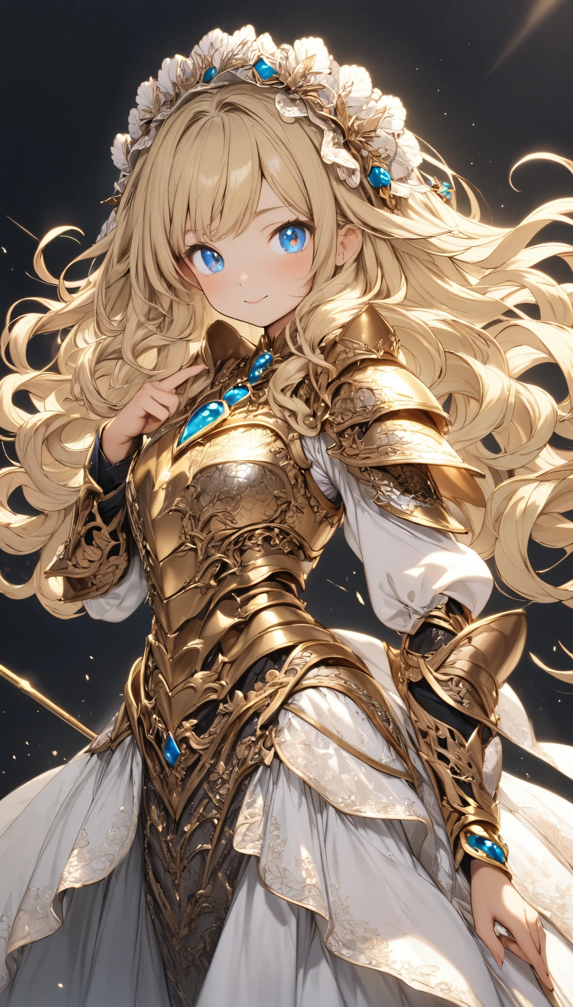 masterpiece, best quality, extremely detailed, high resolution, Japanese anime,1girl, blonde hair, (medium length hair:1.4), side braid hair, curly hair, wavy hair, drill hair, curl outward hair, (blue eyes:1.5), (beautiful detailed eyes:1.4), laugh, 12 -year-old , 145cm tall, original character, fantasy, (black background:1.2), full body, beautiful fingers, standing, (gold lace armor dress:1.5), (bejeweled headdress:1.5) , shoot from front, looking at viewer