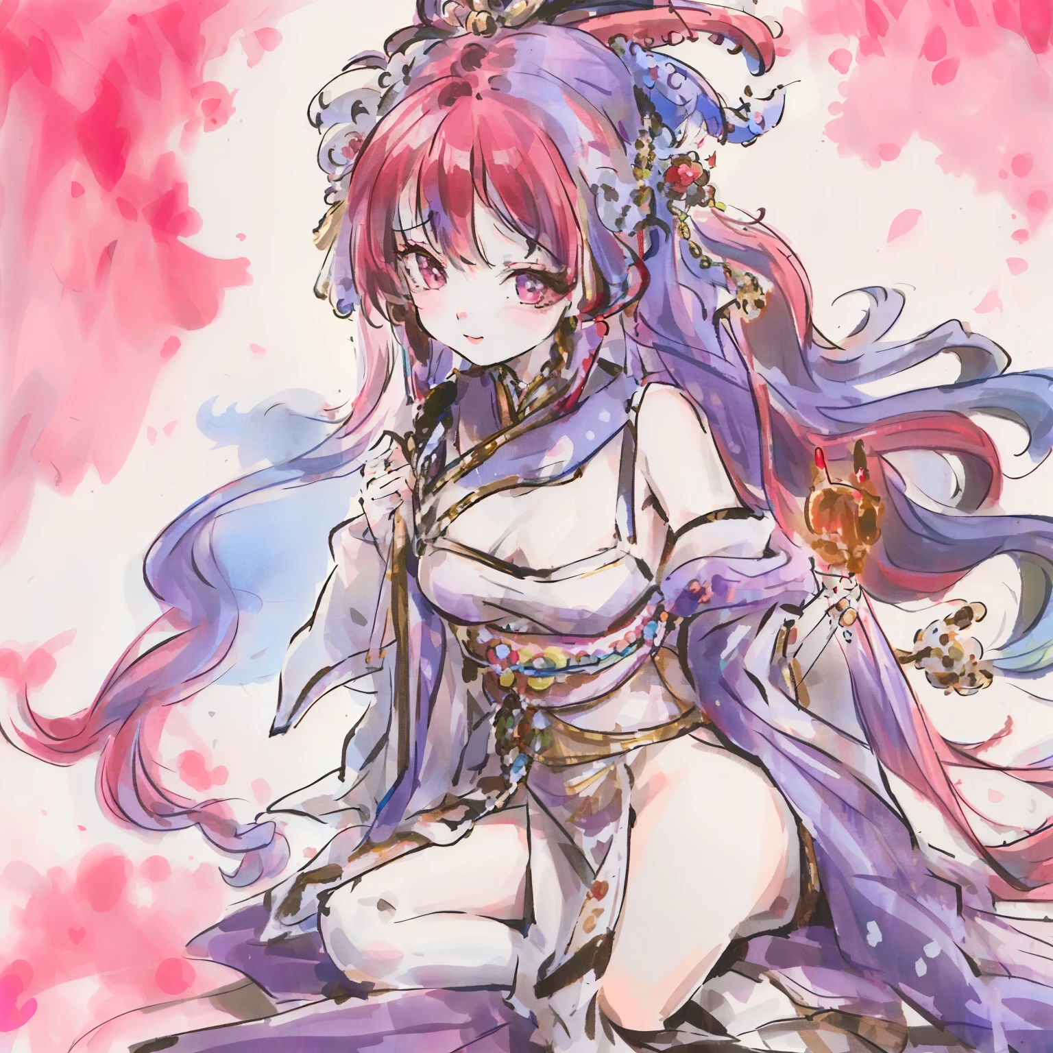Anime girl with Mongolian features, sitting on the floor with a playful expression, Legs crossed, revealing a colorful traditional outfit. Her long, lucid hair cascades down her back, adorned with vibrant beads and intricate braids. Cute and full of charm, she captivates the hearts of onlookers, creating a mesmerizing scene in this animated world. (Vibrant colors:1.8),(Mongolian features:1.4),(Detailed hair decorations:1.2),(Sitting on the floor:1),(Charming expression:1.5),(Colorful traditional outfit:1.3)